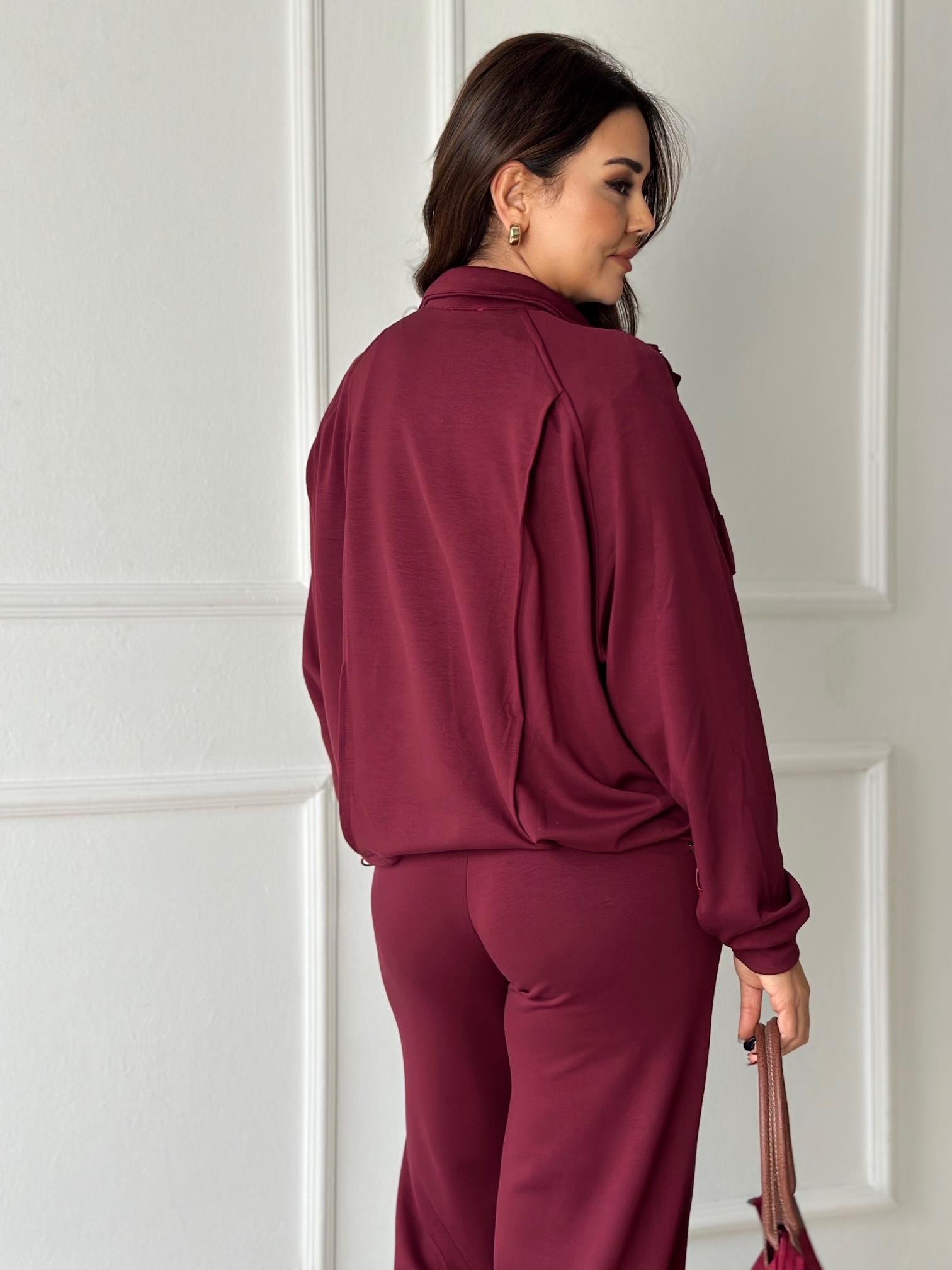 Premium Kalite Bomber Ceket & Bol Paça Pantolon Bordo Takım