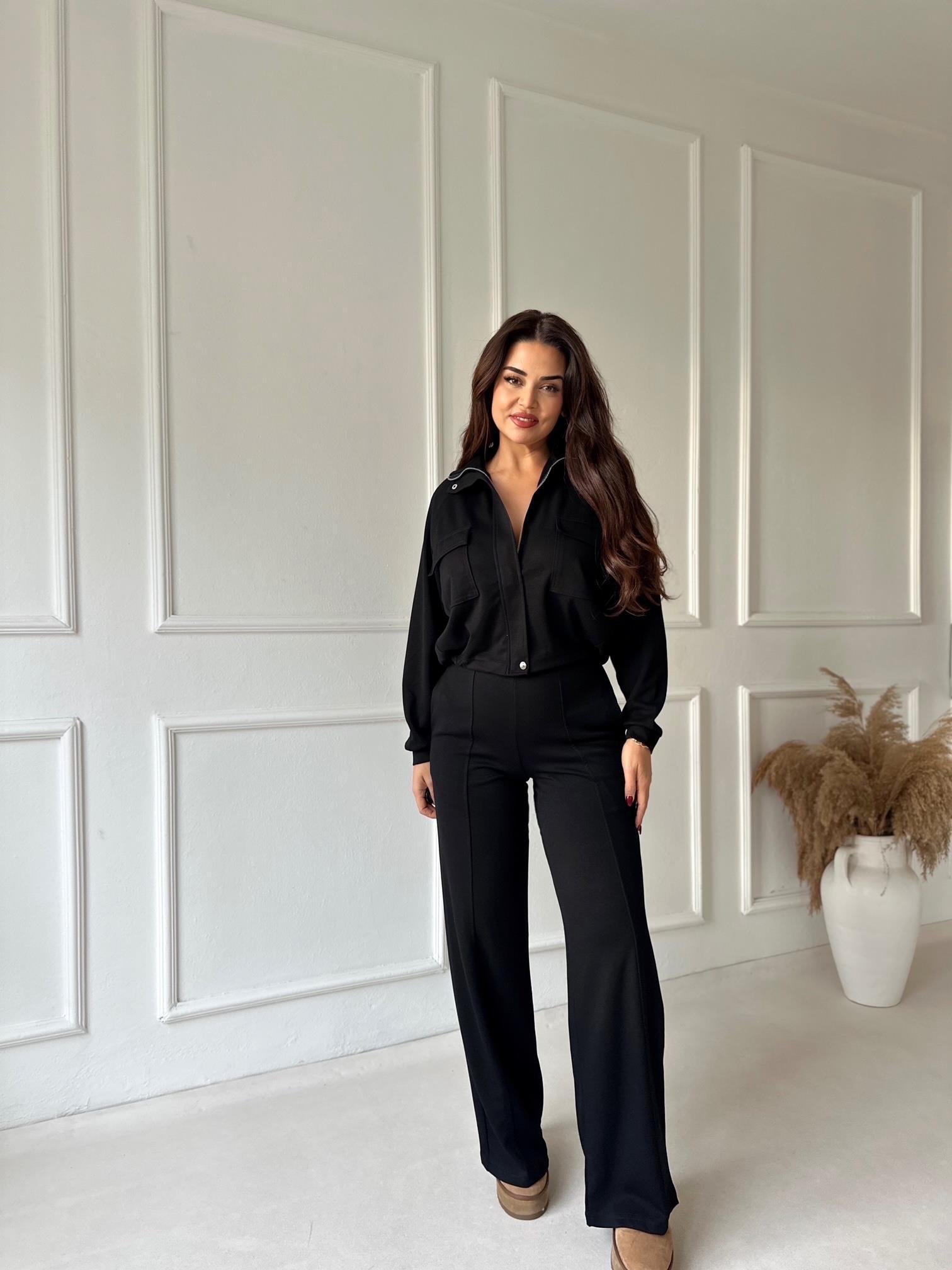 Premium Kalite Bomber Ceket & Bol Paça Pantolon Siyah Takım