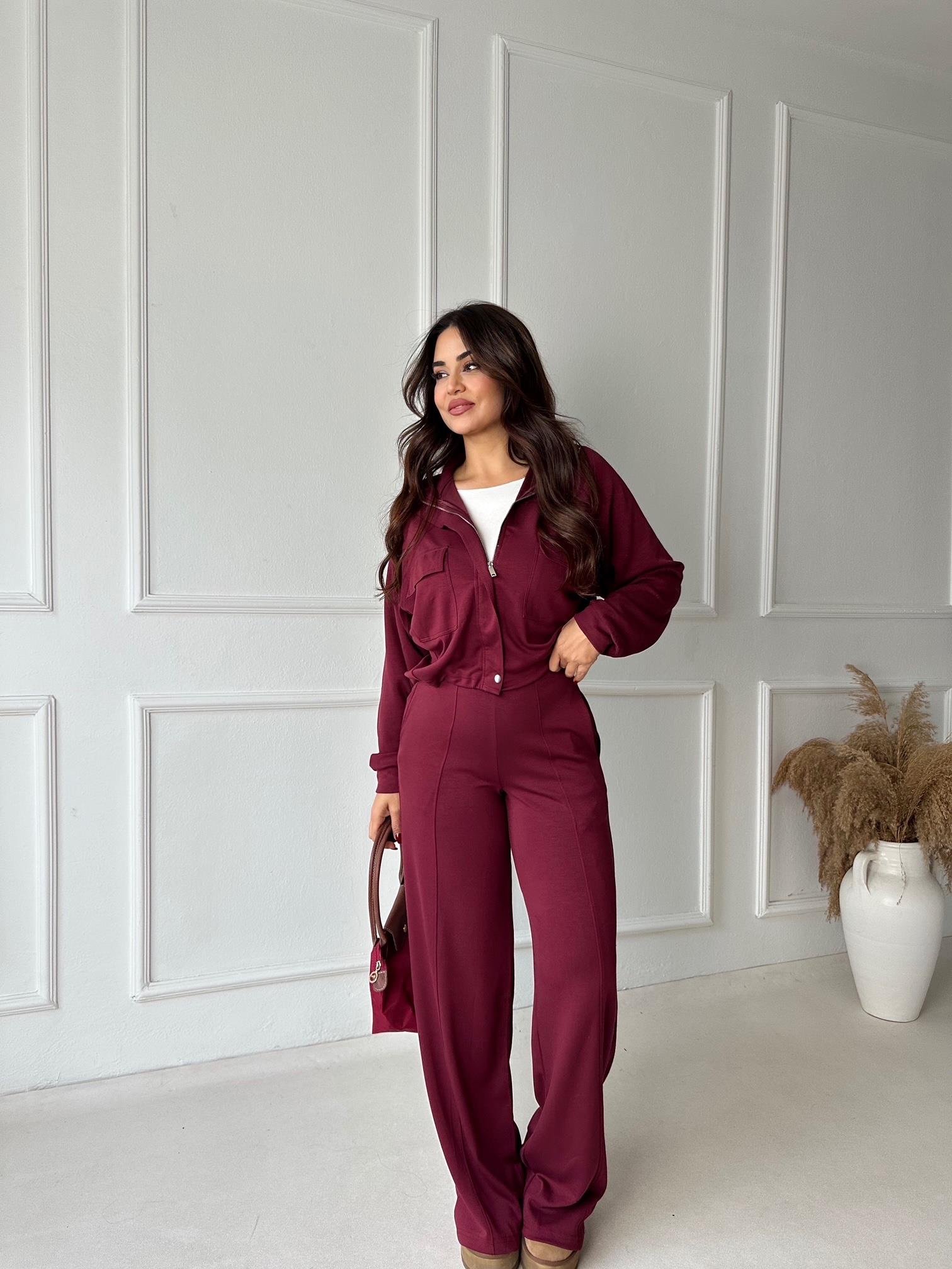 Premium Kalite Bomber Ceket & Bol Paça Pantolon Bordo Takım