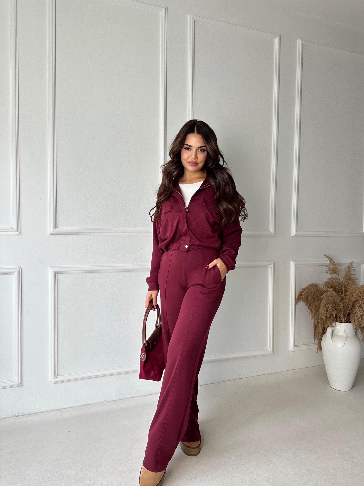 Premium Kalite Bomber Ceket & Bol Paça Pantolon Bordo Takım