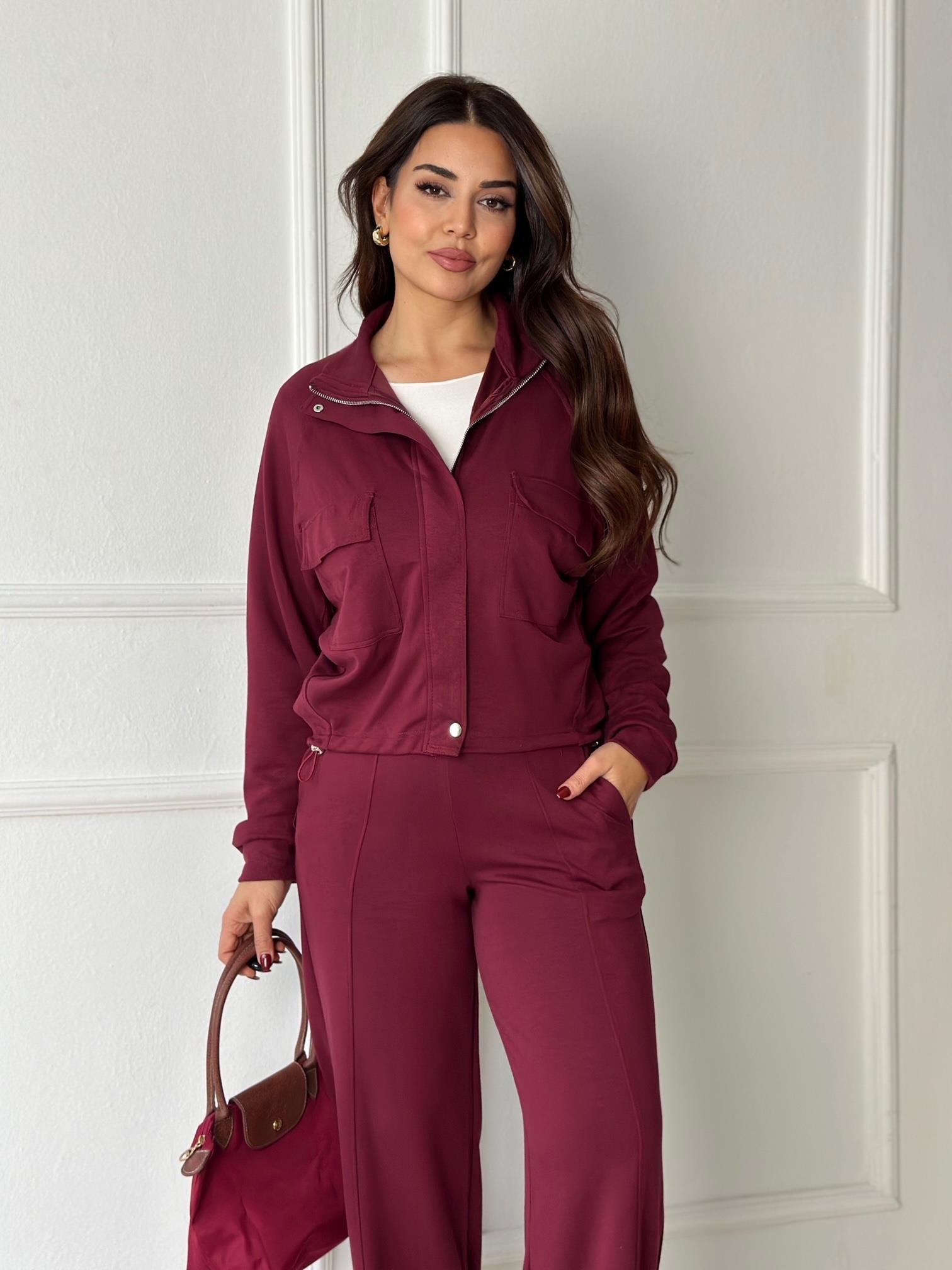 Premium Kalite Bomber Ceket & Bol Paça Pantolon Bordo Takım