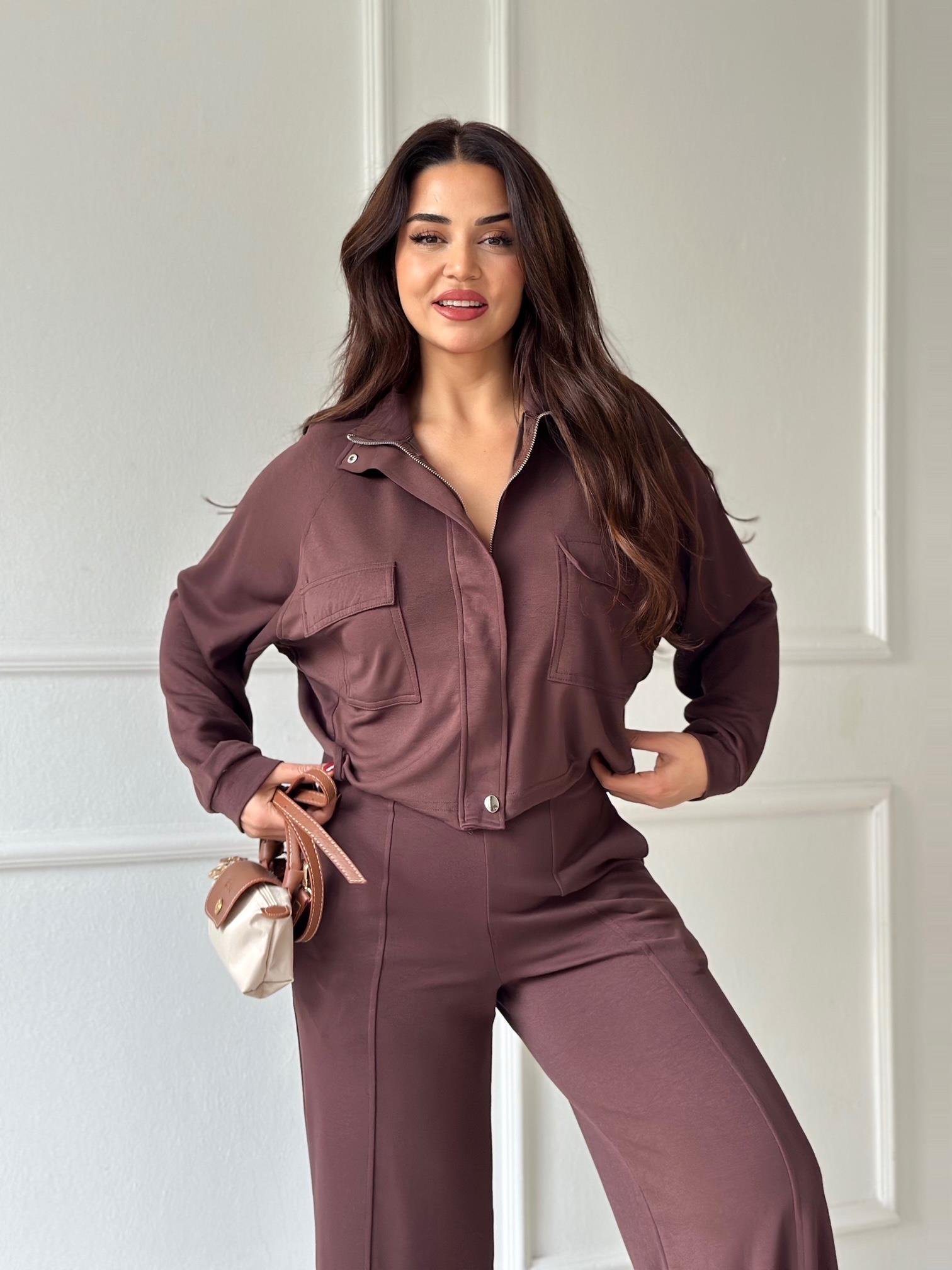 Premium Kalite Bomber Ceket & Bol Paça Pantolon Kahve Takım