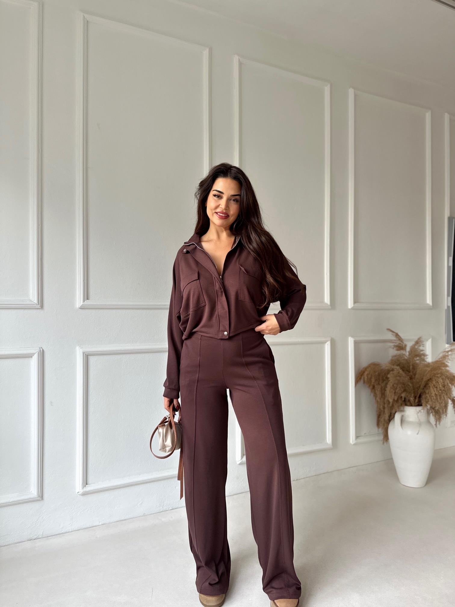 Premium Kalite Bomber Ceket & Bol Paça Pantolon Kahve Takım