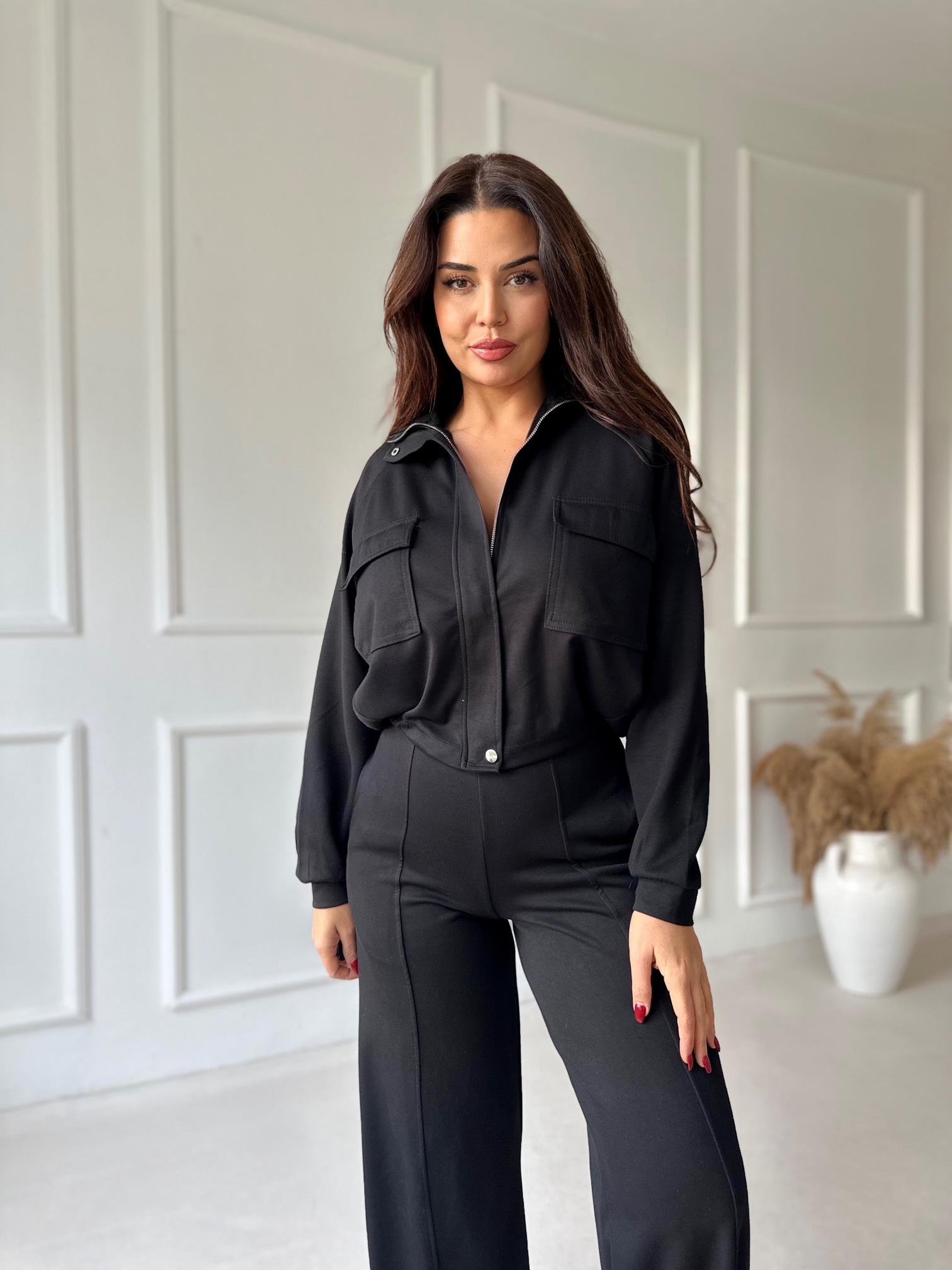 Premium Kalite Bomber Ceket & Bol Paça Pantolon Siyah Takım