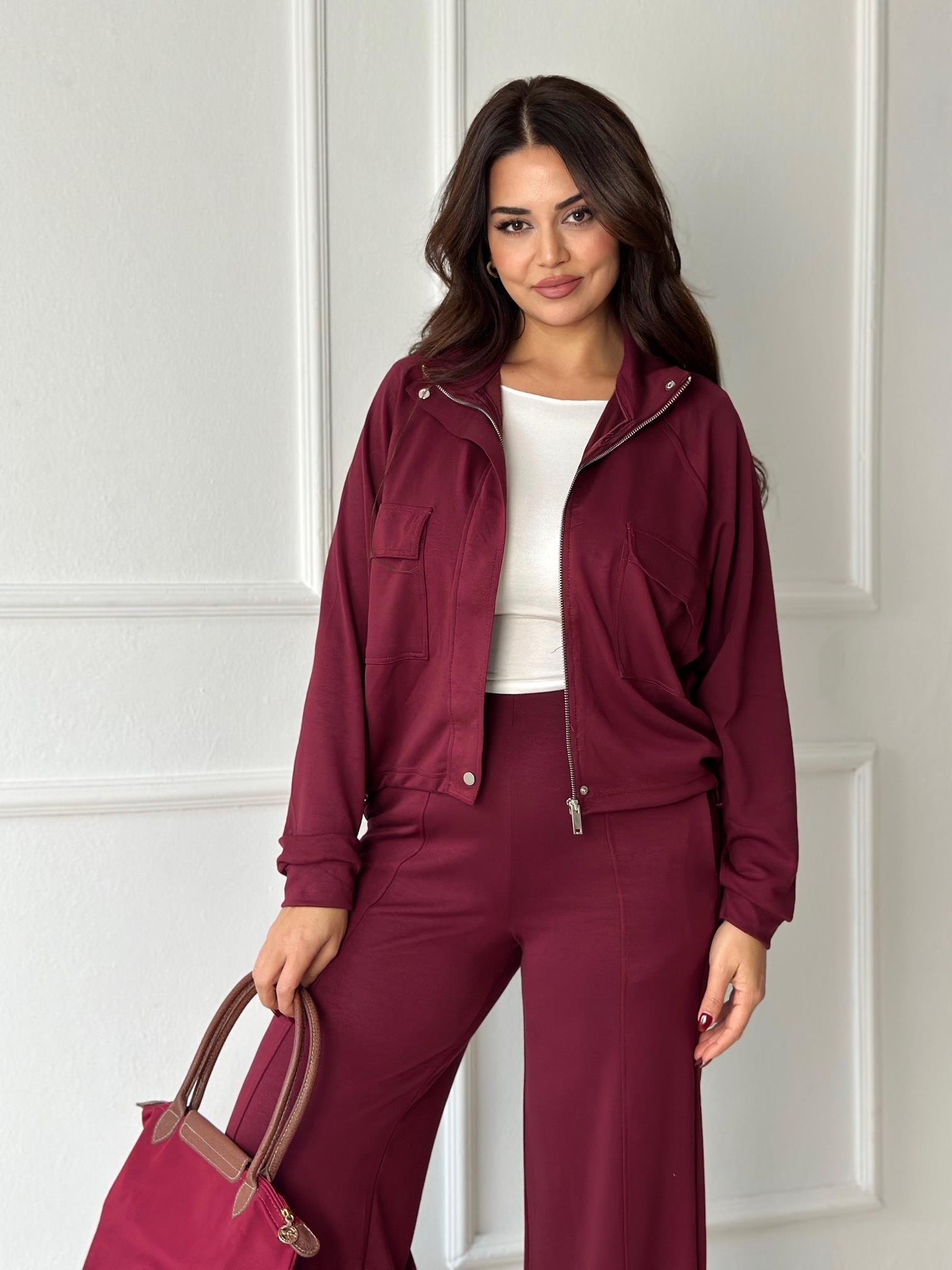 Premium Kalite Bomber Ceket & Bol Paça Pantolon Bordo Takım