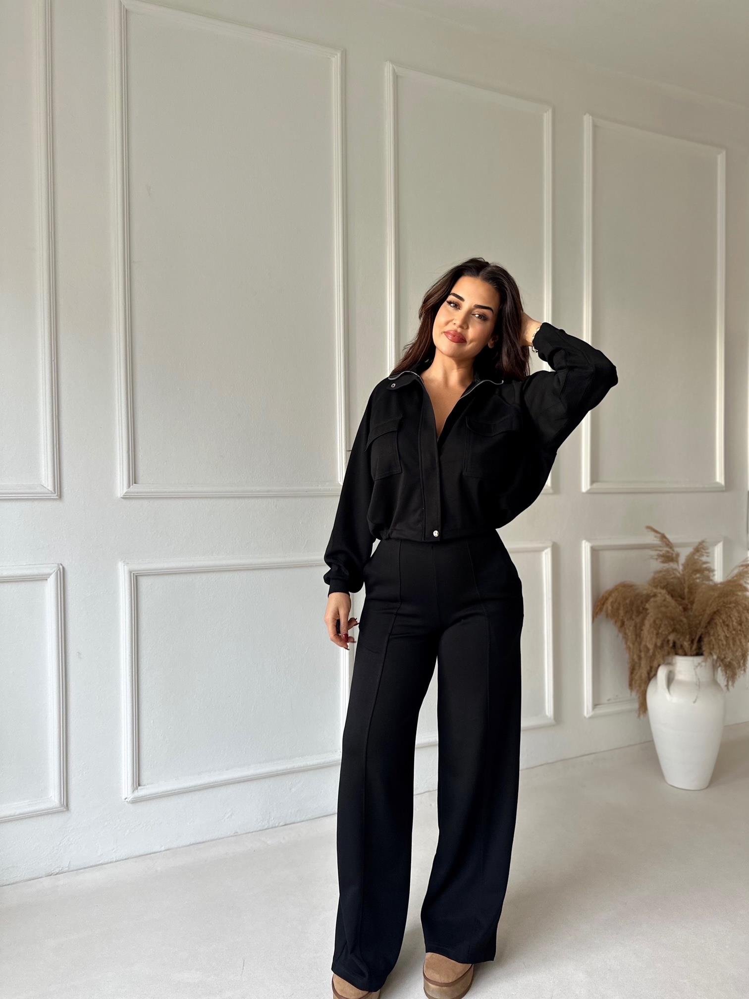 Premium Kalite Bomber Ceket & Bol Paça Pantolon Siyah Takım