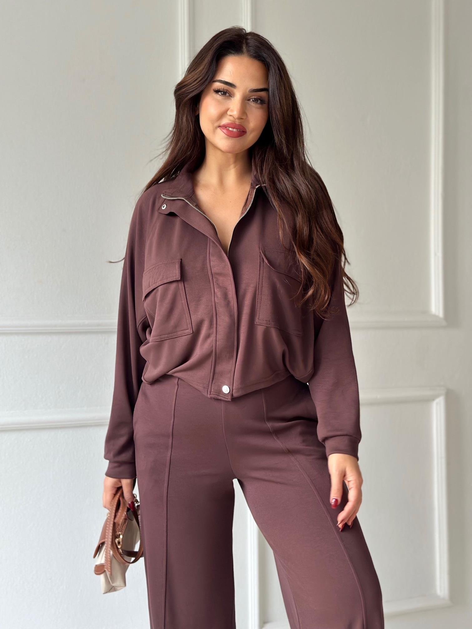 Premium Kalite Bomber Ceket & Bol Paça Pantolon Kahve Takım