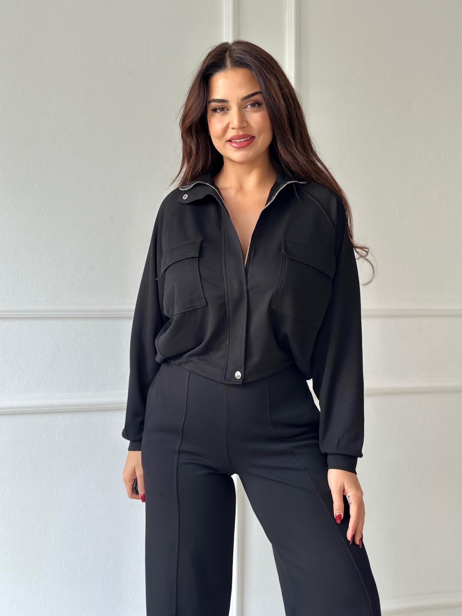 Premium Kalite Bomber Ceket & Bol Paça Pantolon Siyah Takım