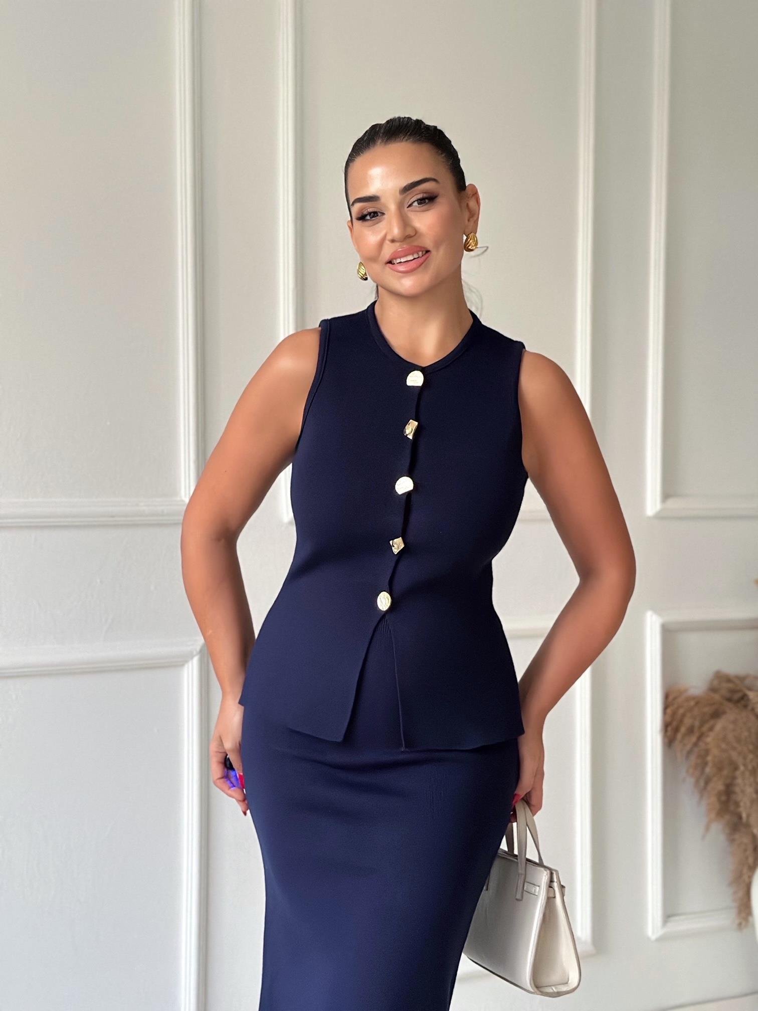 Premium Kalite Çelik Triko Düğmeli Yelek ve Midi Etek Takım - Lacivert