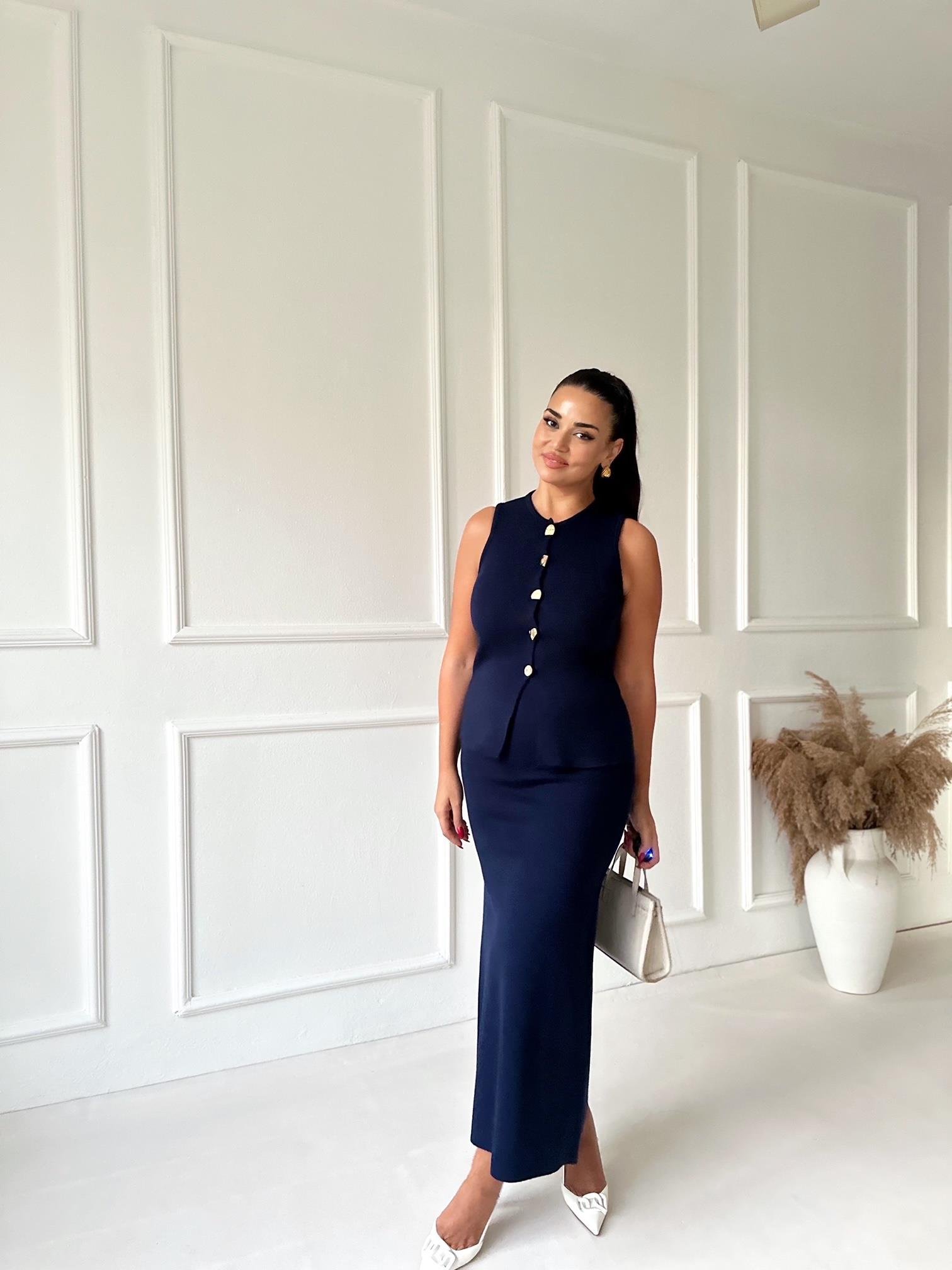 Premium Kalite Çelik Triko Düğmeli Yelek ve Midi Etek Takım - Lacivert