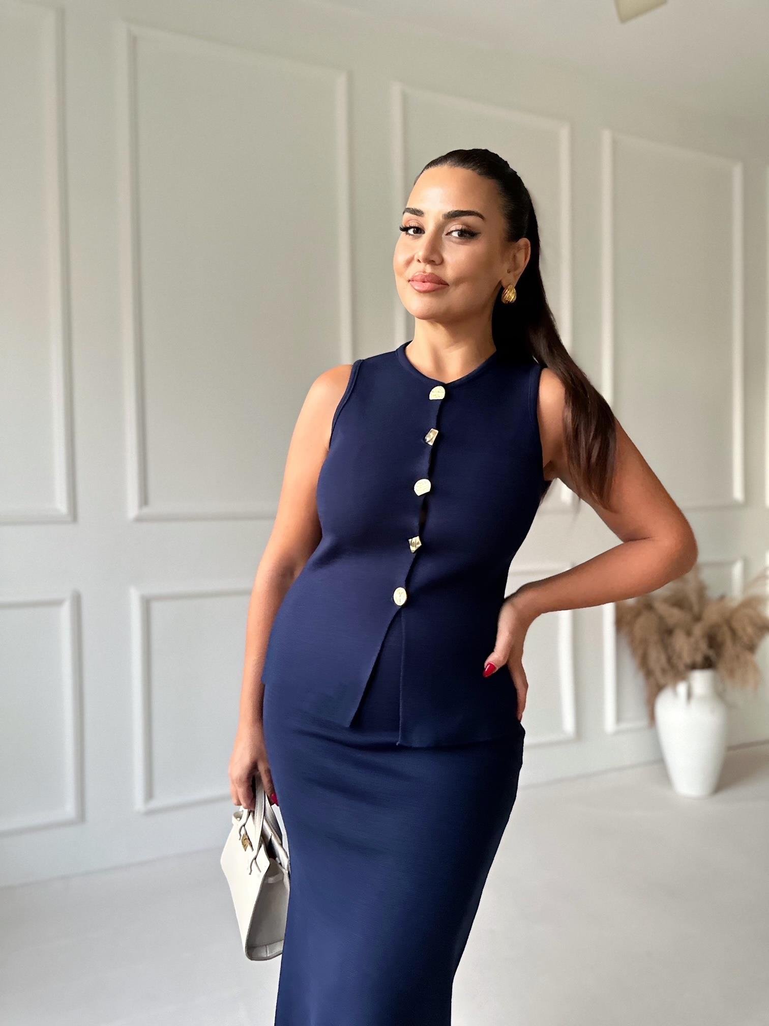 Premium Kalite Çelik Triko Düğmeli Yelek ve Midi Etek Takım - Lacivert