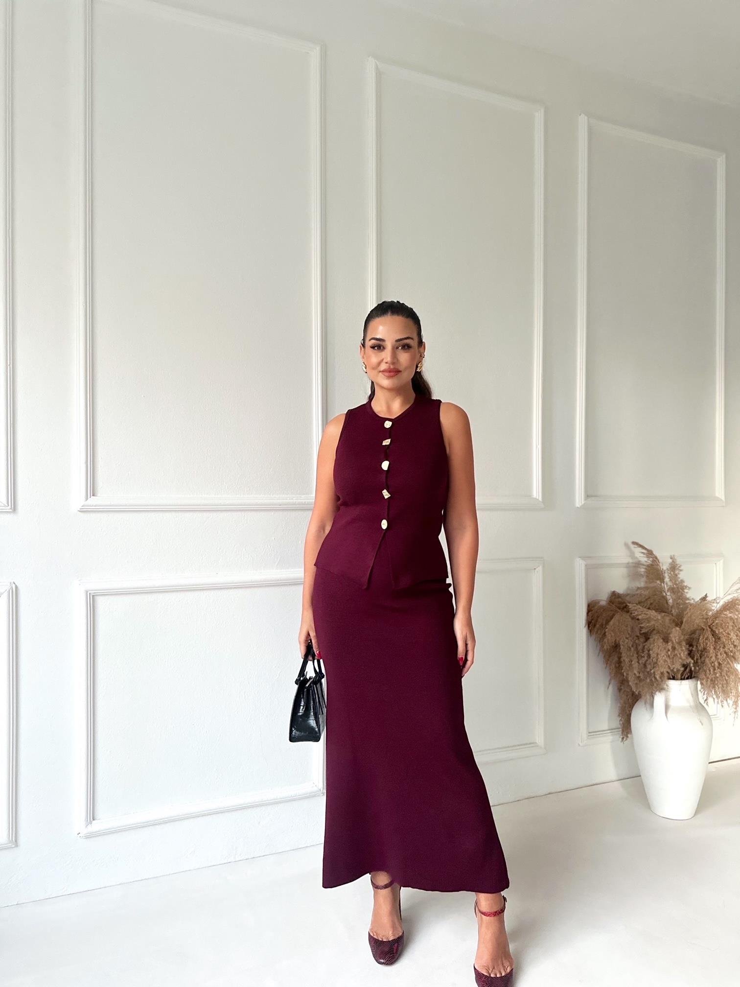 Premium Kalite Çelik Triko Düğmeli Yelek ve Midi Etek Takım -Bordo