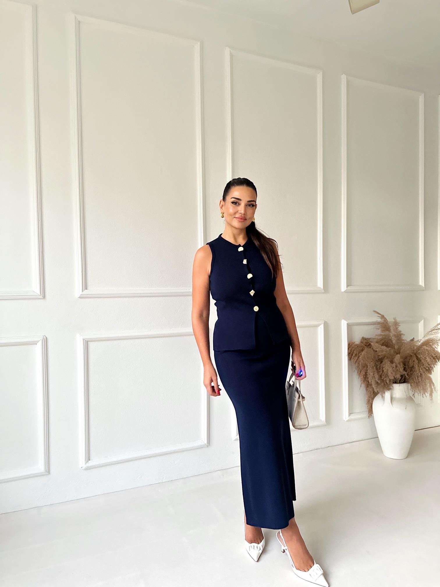 Premium Kalite Çelik Triko Düğmeli Yelek ve Midi Etek Takım - Lacivert