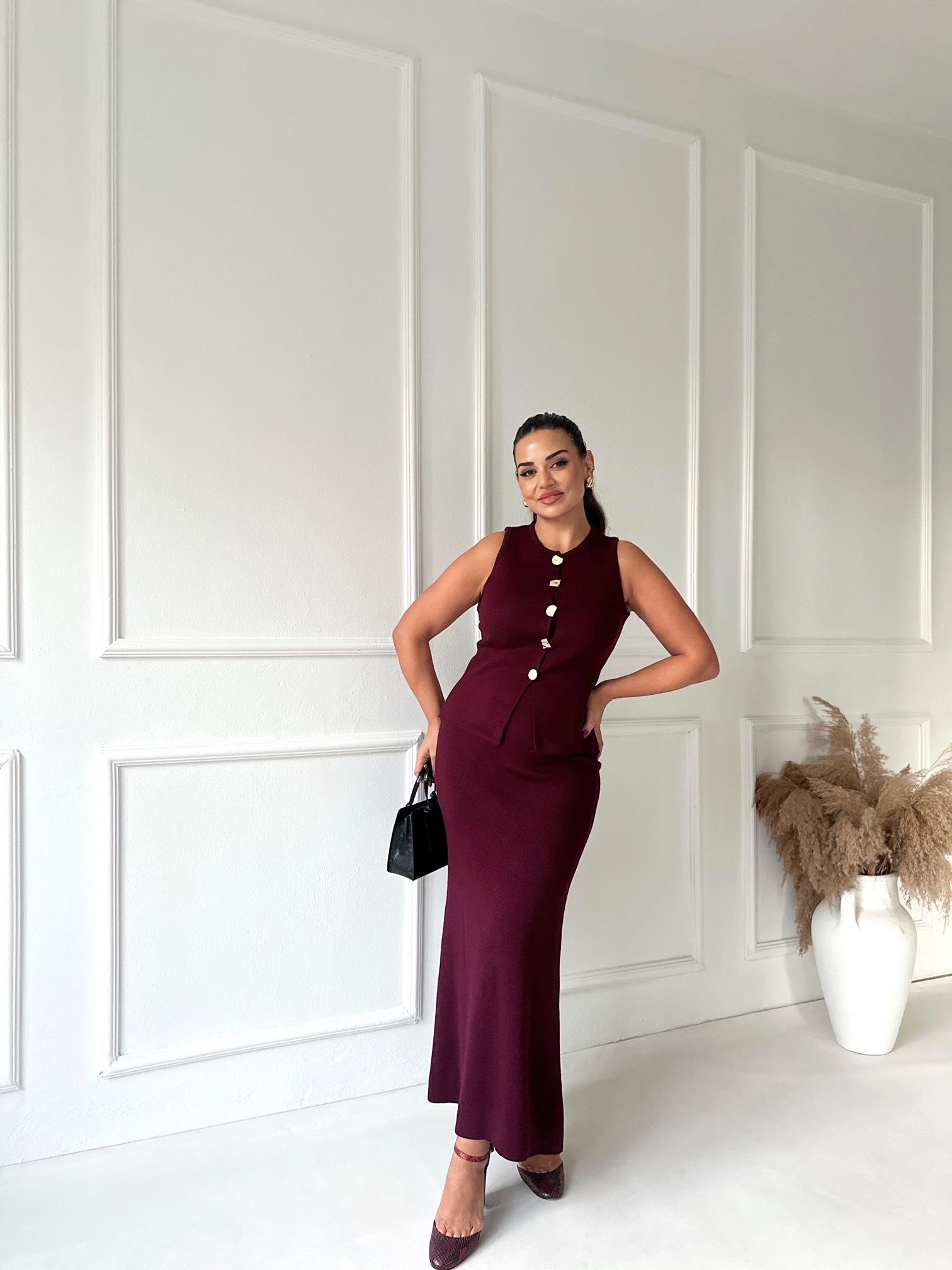 Premium Kalite Çelik Triko Düğmeli Yelek ve Midi Etek Takım -Bordo