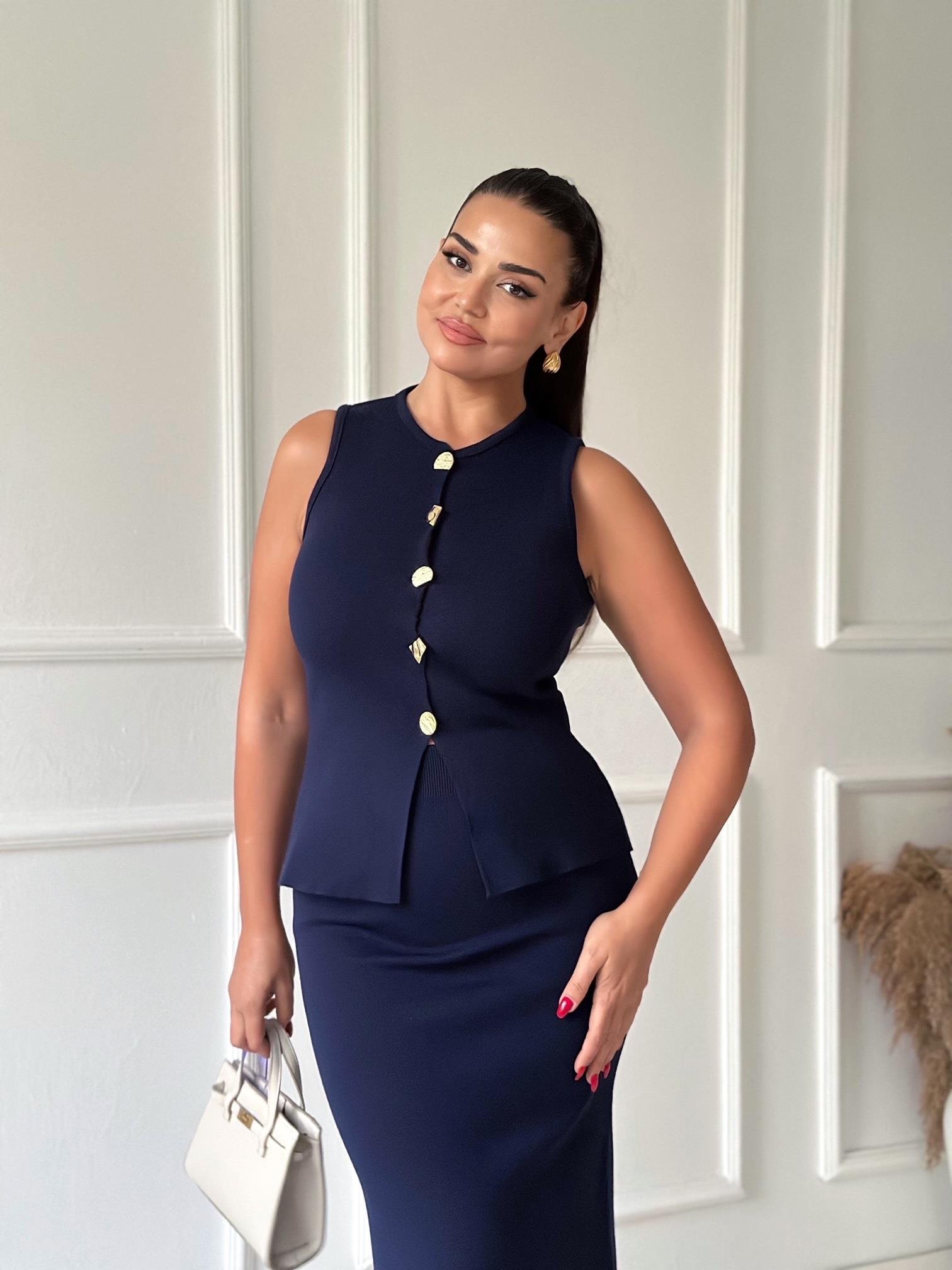 Premium Kalite Çelik Triko Düğmeli Yelek ve Midi Etek Takım - Lacivert