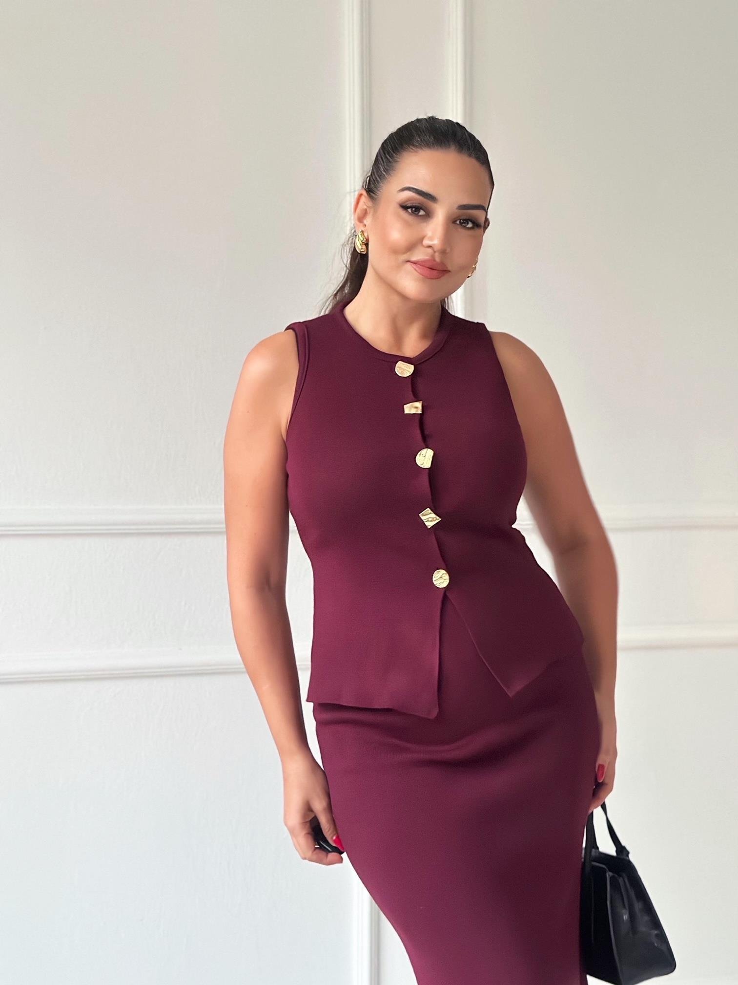 Premium Kalite Çelik Triko Düğmeli Yelek ve Midi Etek Takım -Bordo