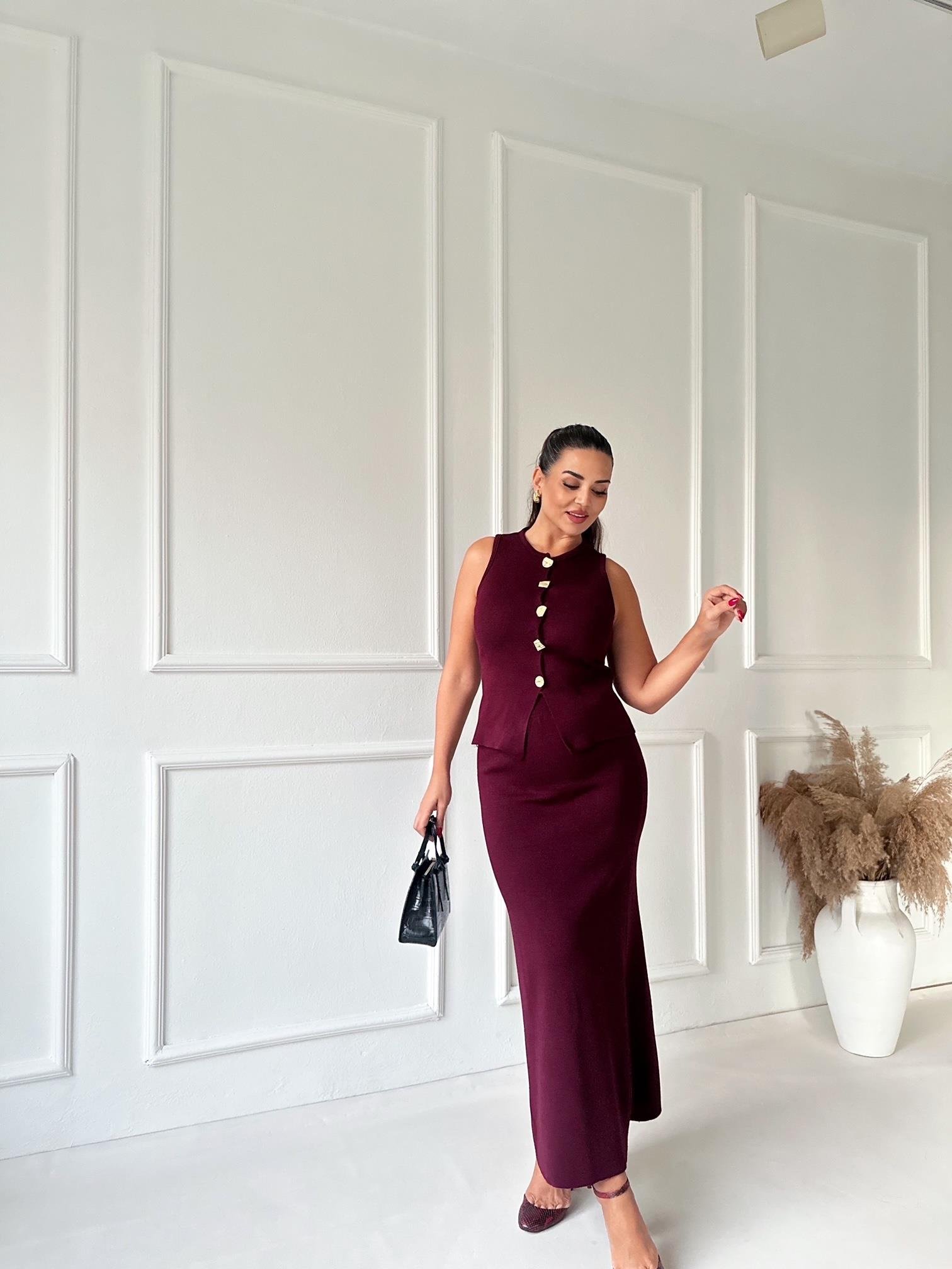 Premium Kalite Çelik Triko Düğmeli Yelek ve Midi Etek Takım -Bordo