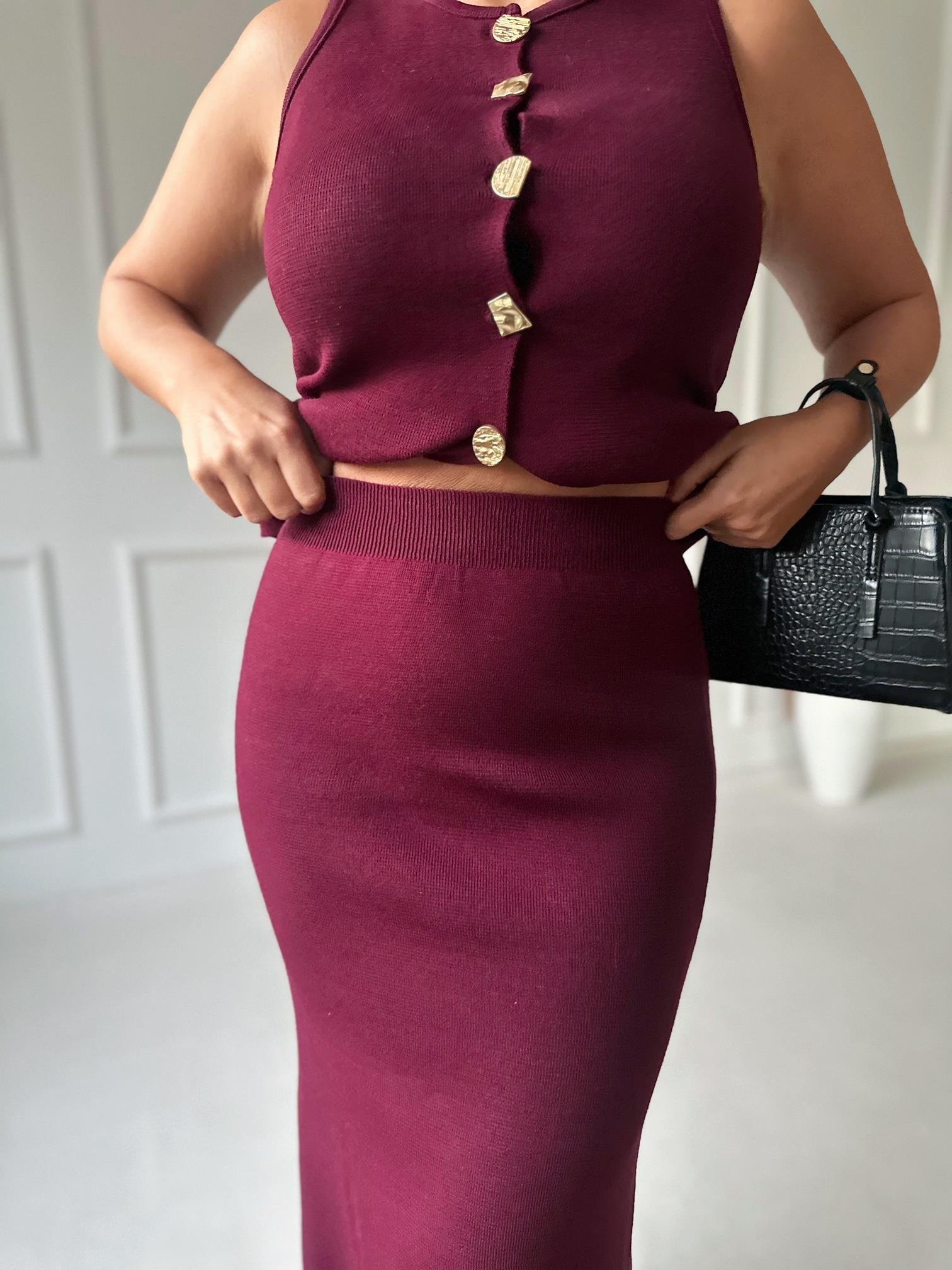 Premium Kalite Çelik Triko Düğmeli Yelek ve Midi Etek Takım -Bordo