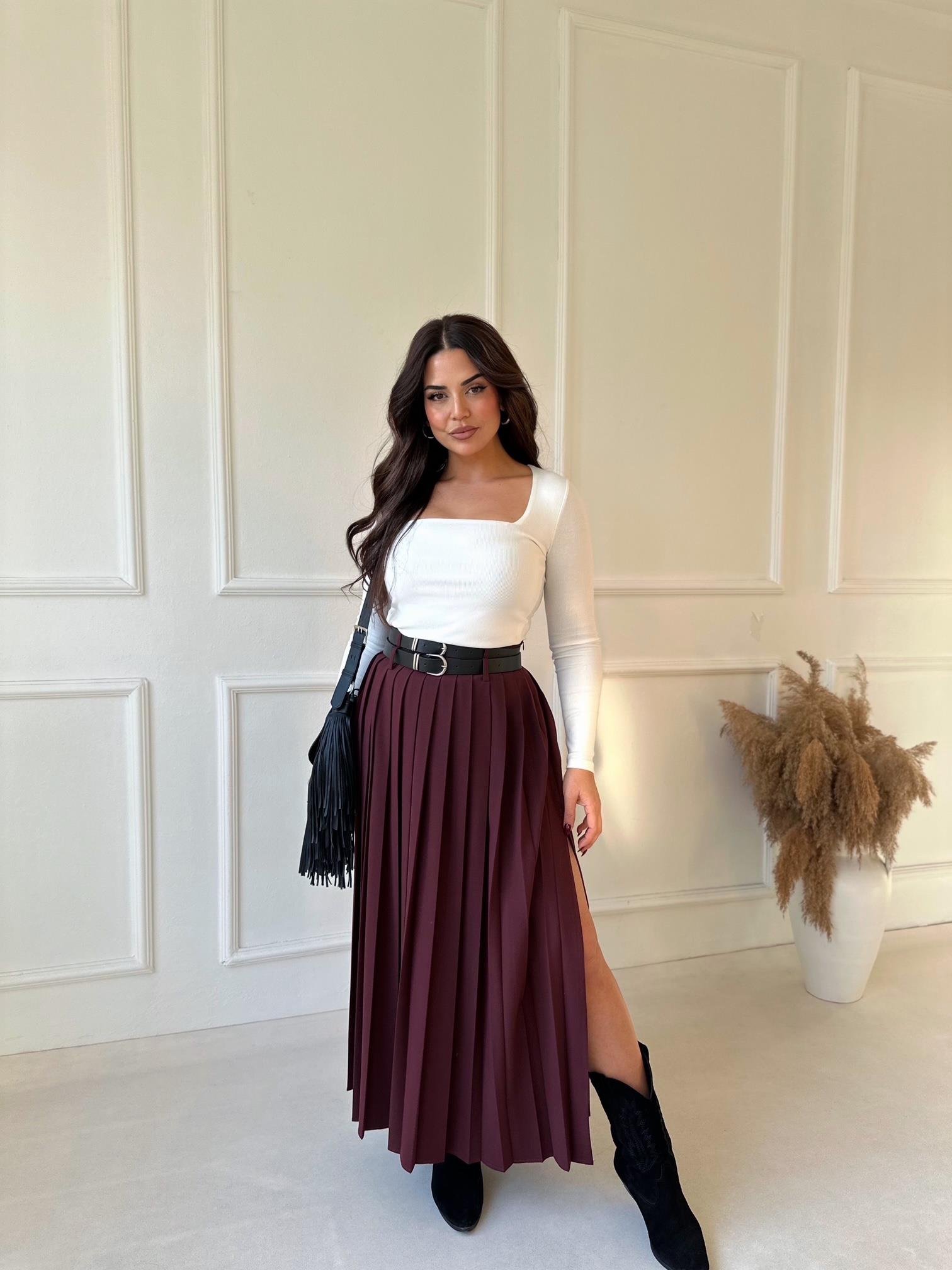 Premium Kalite Çift Kemerli Bordo Maksi Pileli Etek