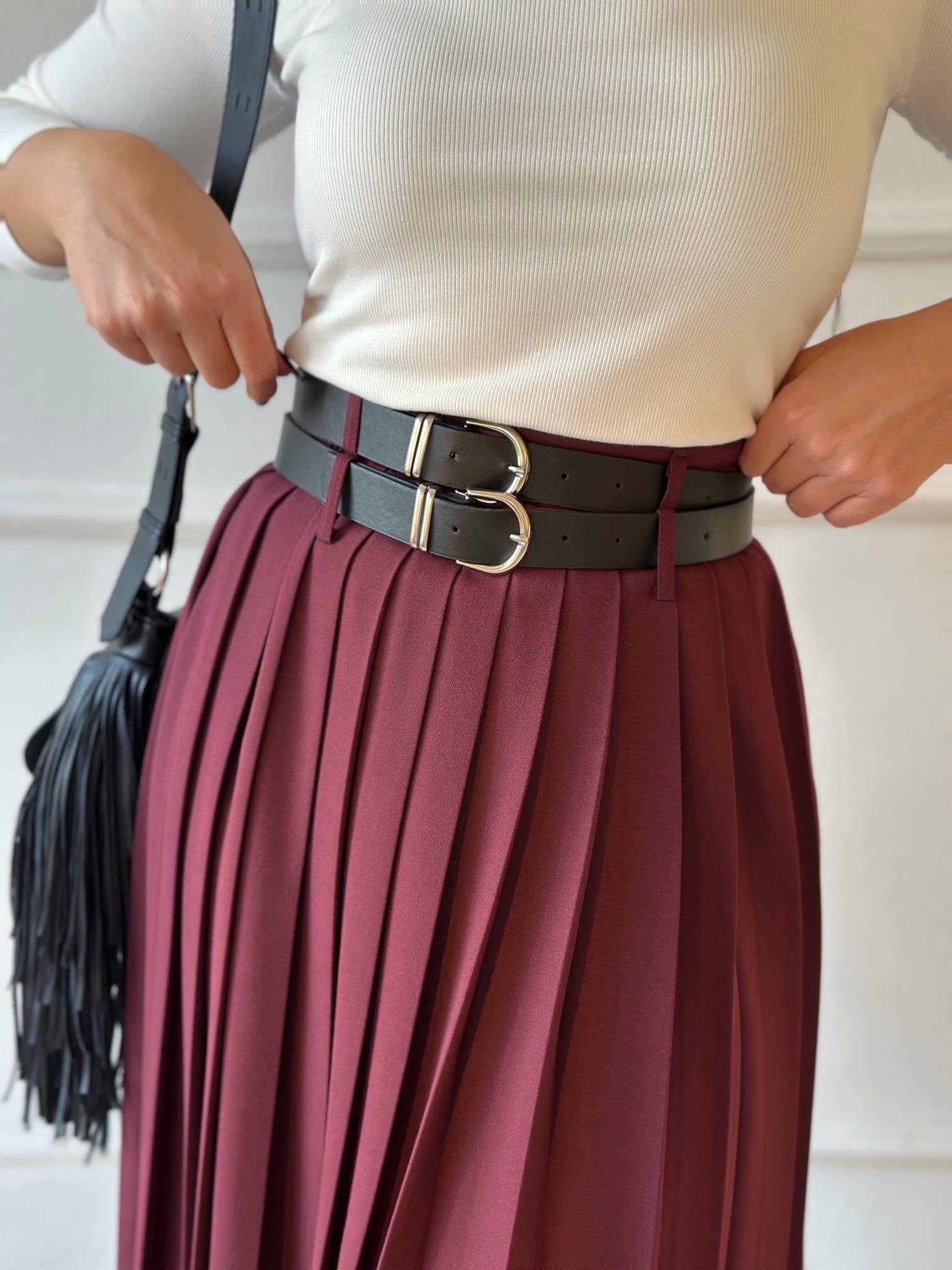 Premium Kalite Çift Kemerli Bordo Maksi Pileli Etek