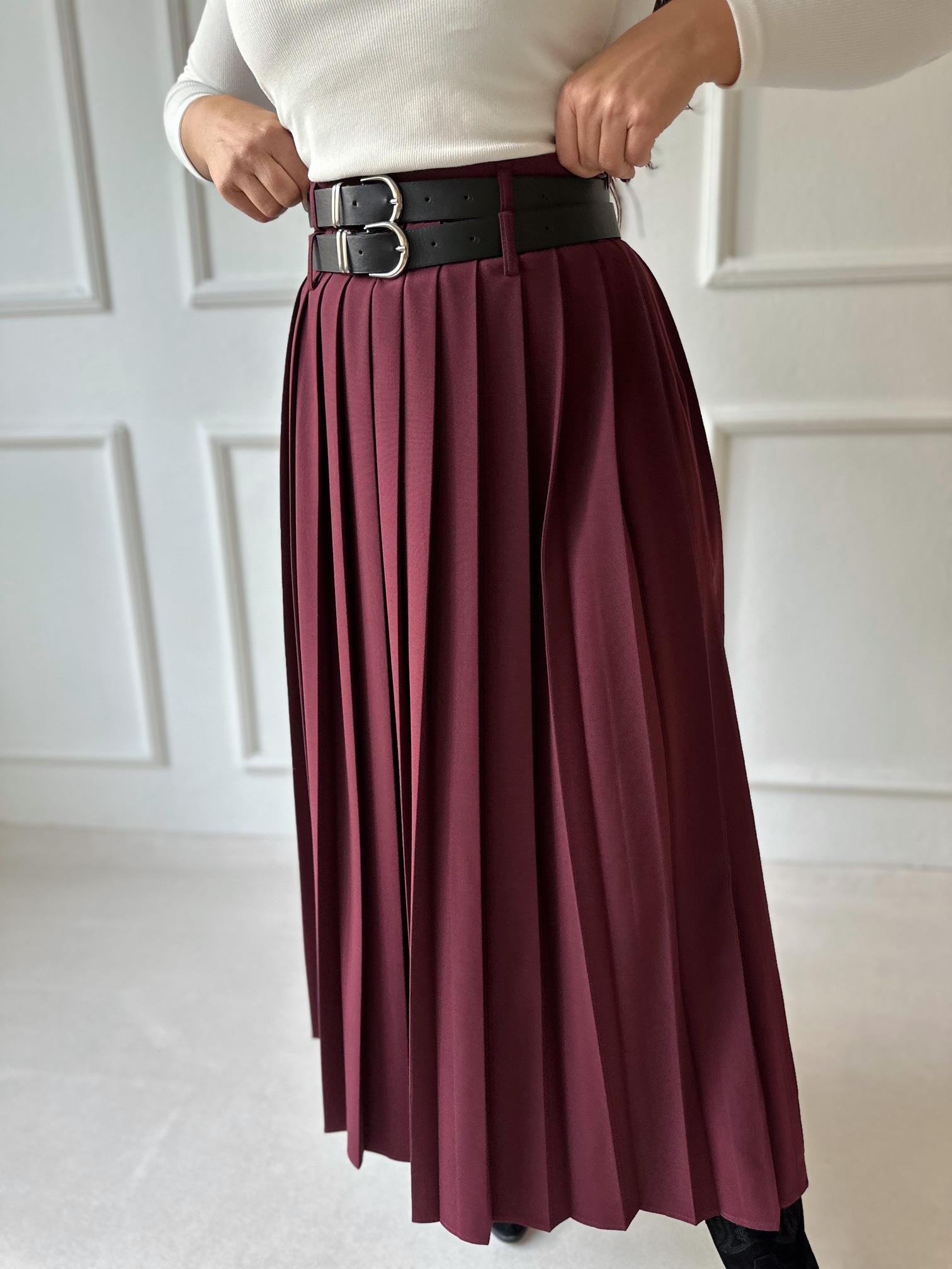 Premium Kalite Çift Kemerli Bordo Maksi Pileli Etek