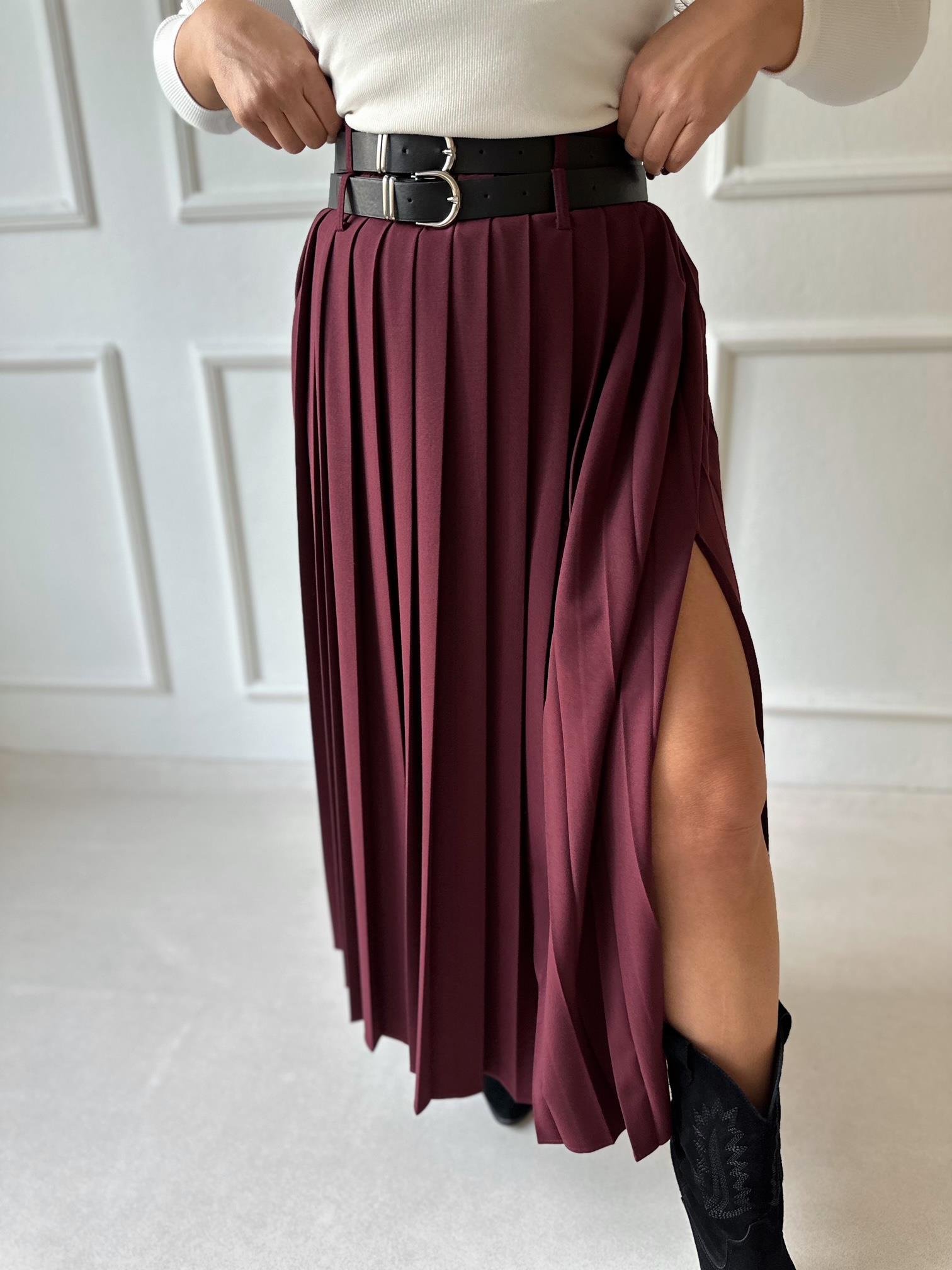 Premium Kalite Çift Kemerli Bordo Maksi Pileli Etek
