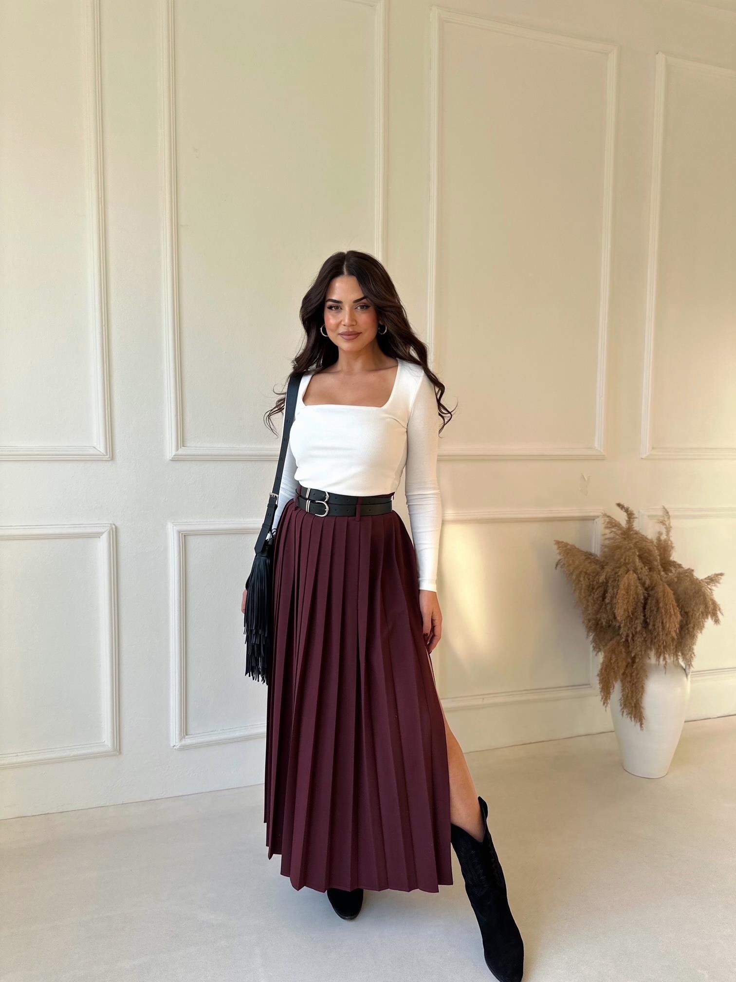 Premium Kalite Çift Kemerli Bordo Maksi Pileli Etek