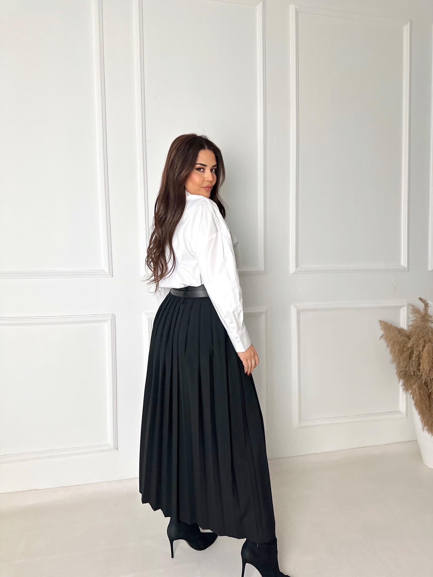 Premium Kalite Çift Kemerli Siyah Maksi Pileli Etek