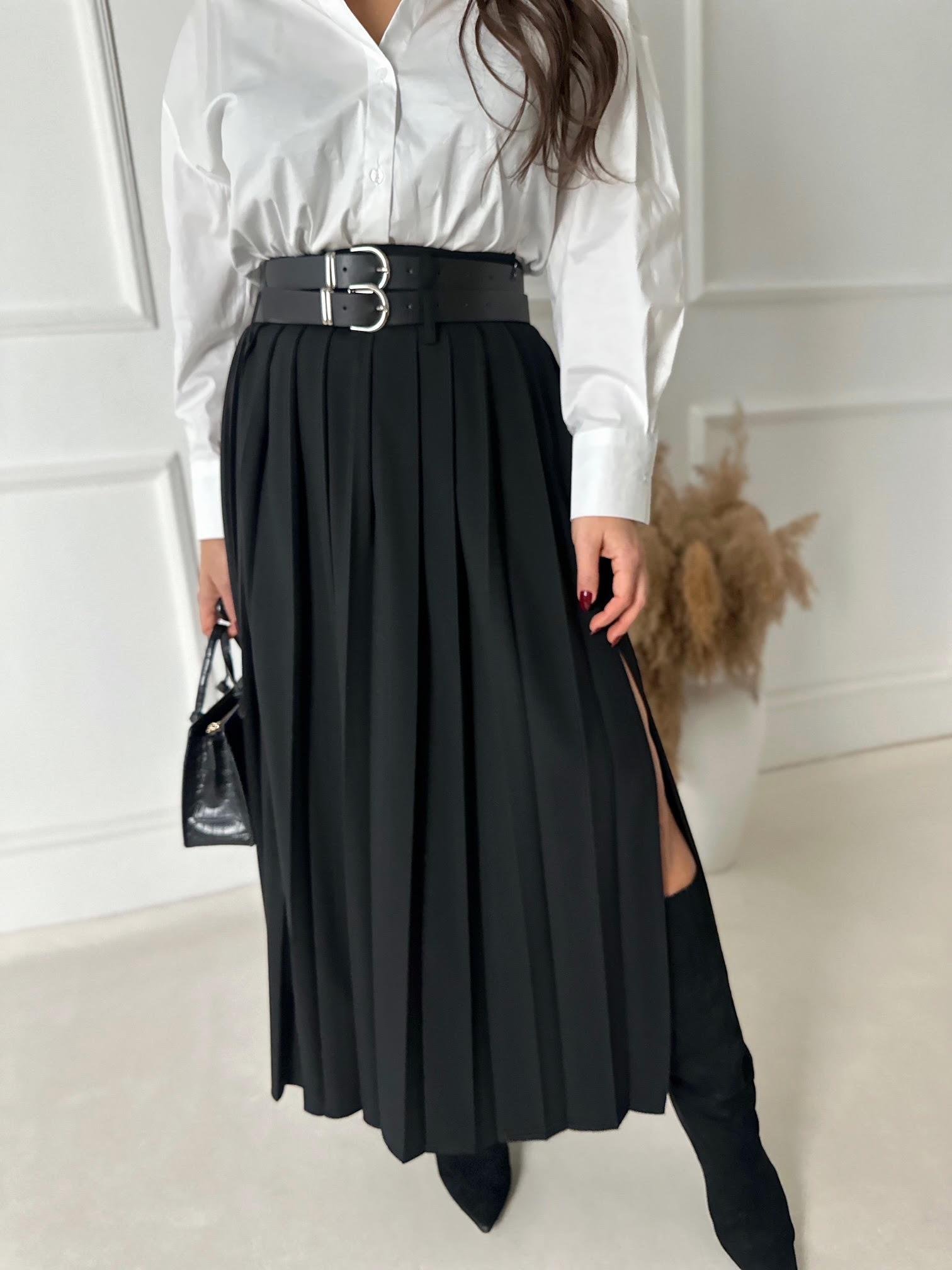 Premium Kalite Çift Kemerli Siyah Maksi Pileli Etek