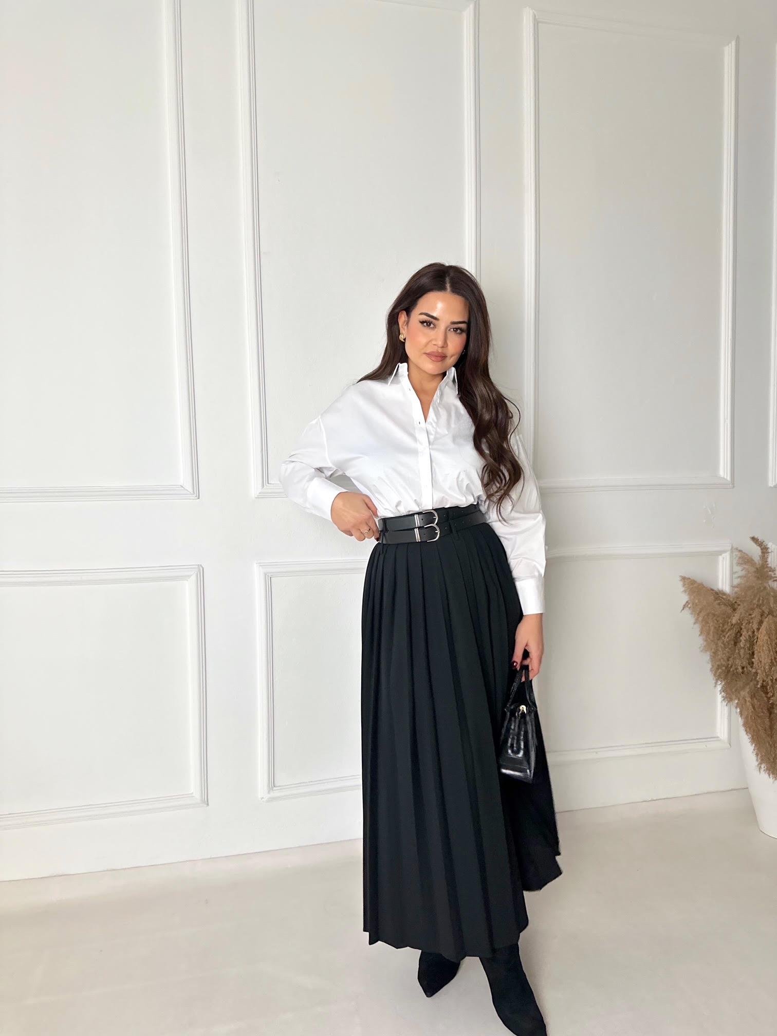 Premium Kalite Çift Kemerli Siyah Maksi Pileli Etek