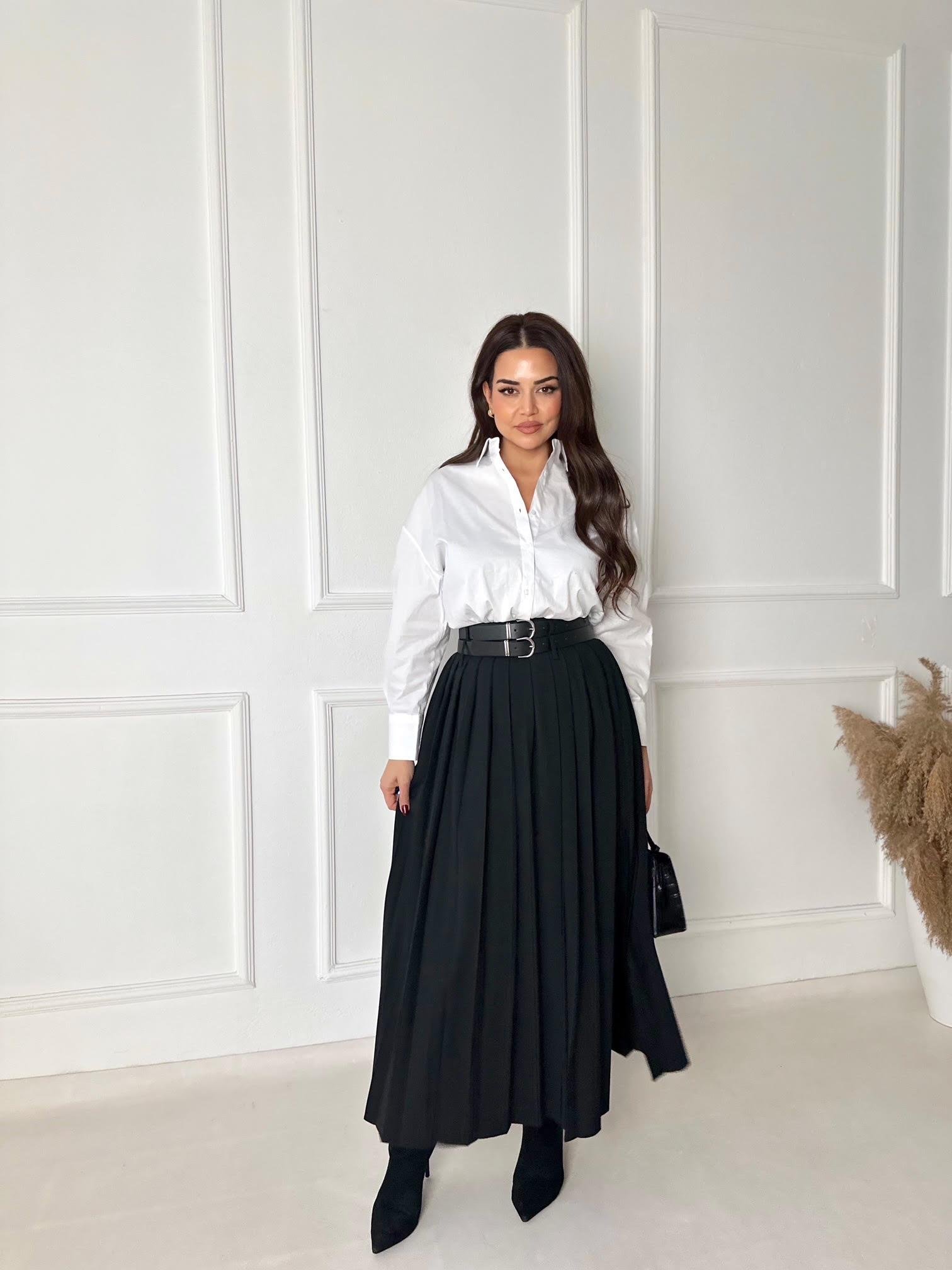 Premium Kalite Çift Kemerli Siyah Maksi Pileli Etek