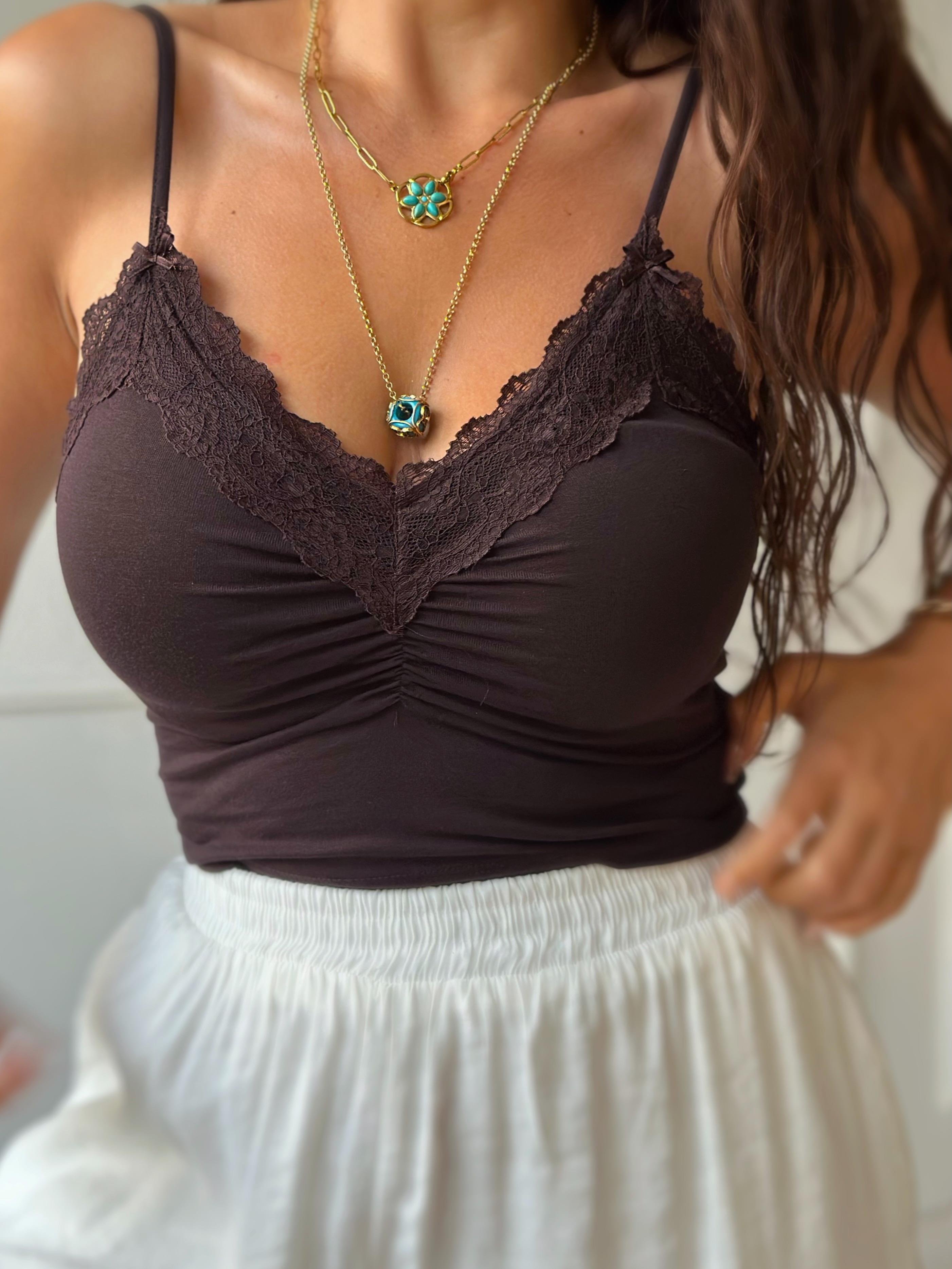 Premium Kalite Dantel Detaylı Crop Bluz - Kahve