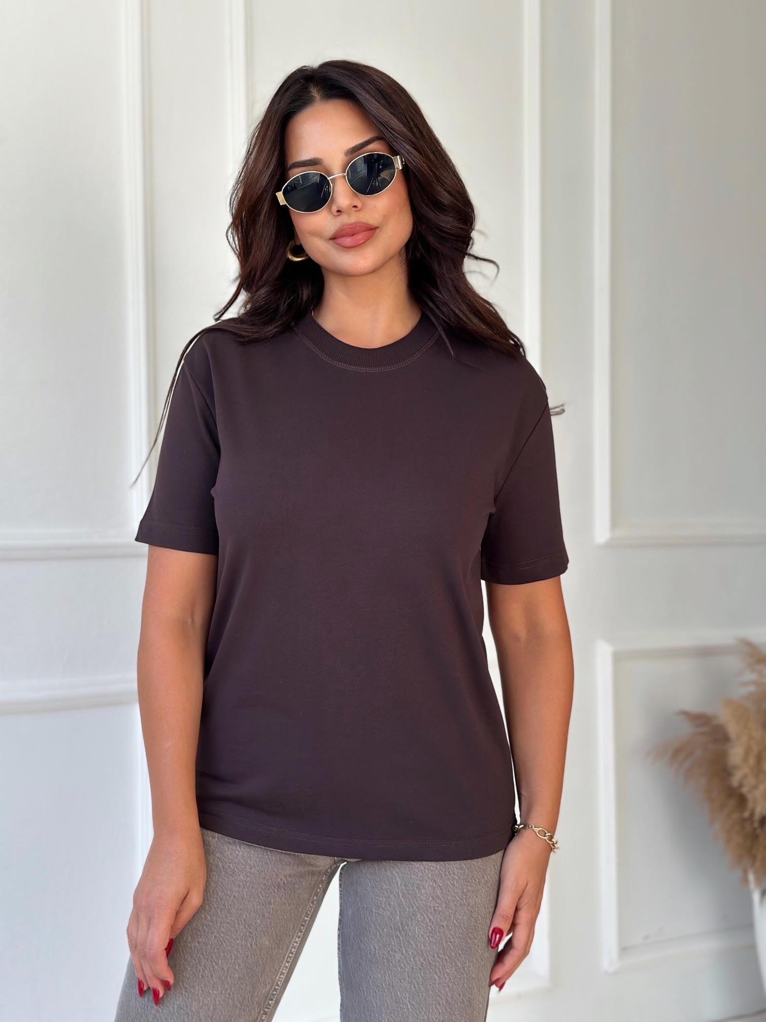 Premium Kalite Dekoratif Dikişli Tişört - Acı Kahve 