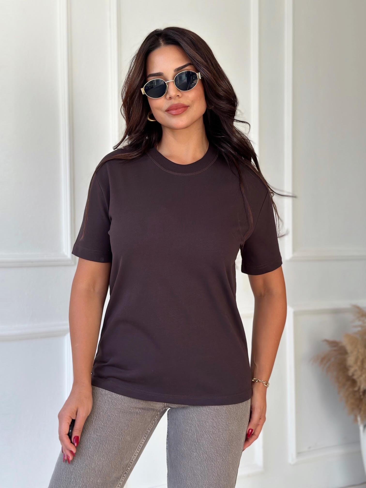 Premium Kalite Dekoratif Dikişli Tişört - Acı Kahve 