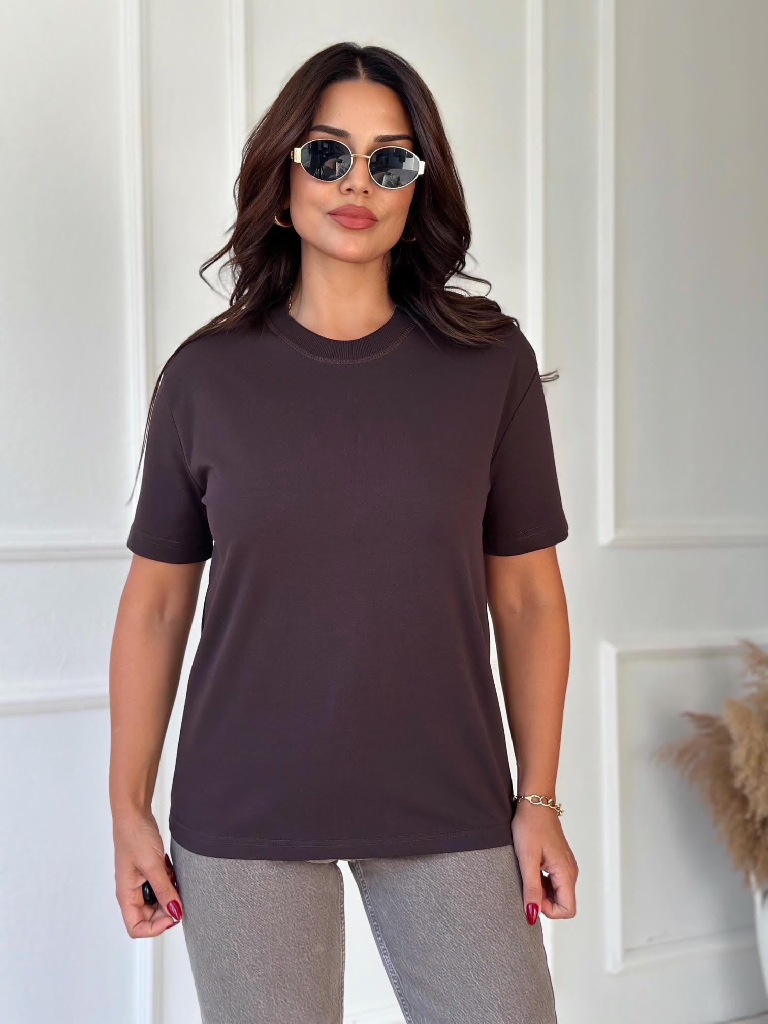 Premium Kalite Dekoratif Dikişli Tişört - Acı Kahve 