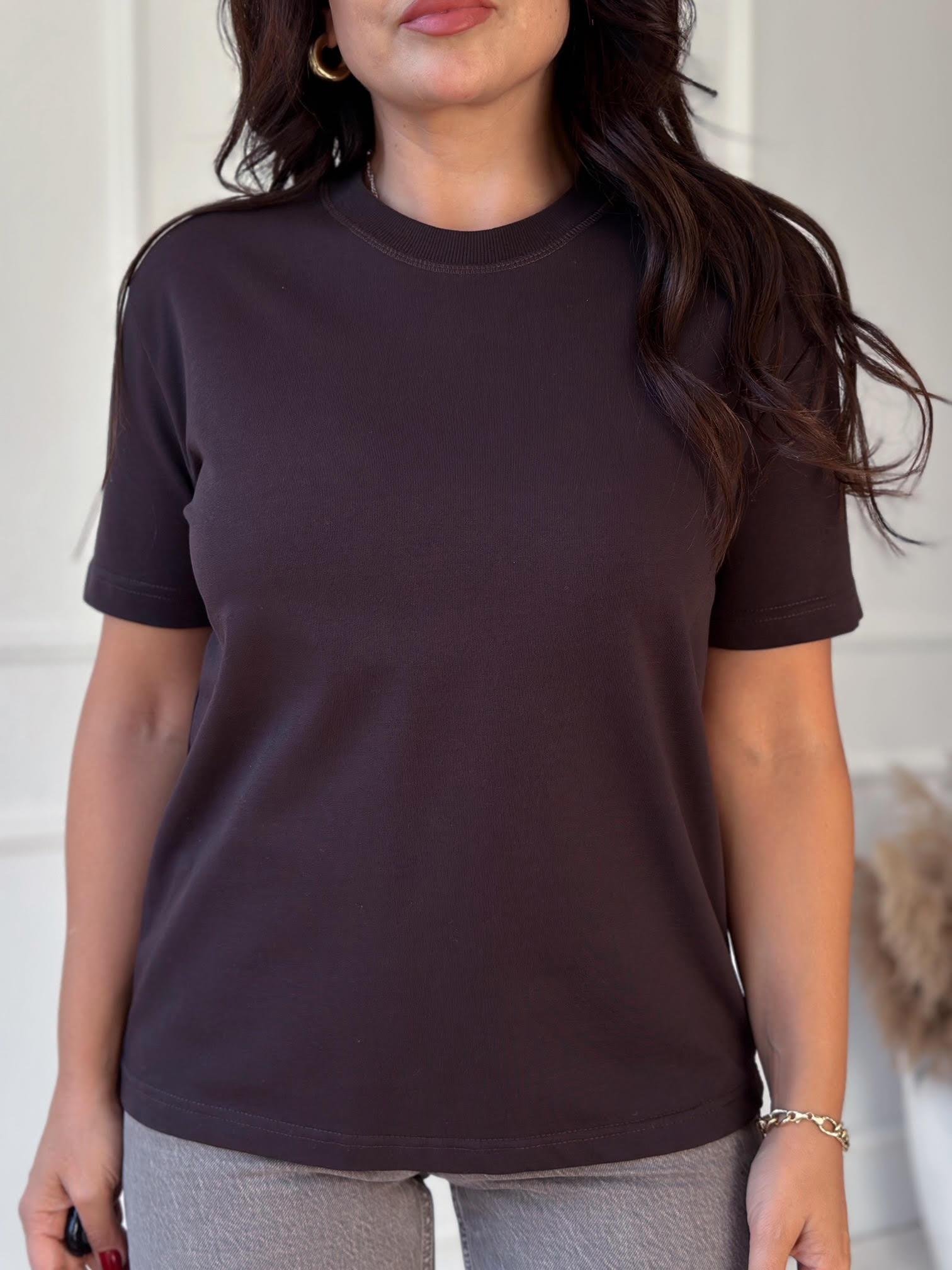 Premium Kalite Dekoratif Dikişli Tişört - Acı Kahve 