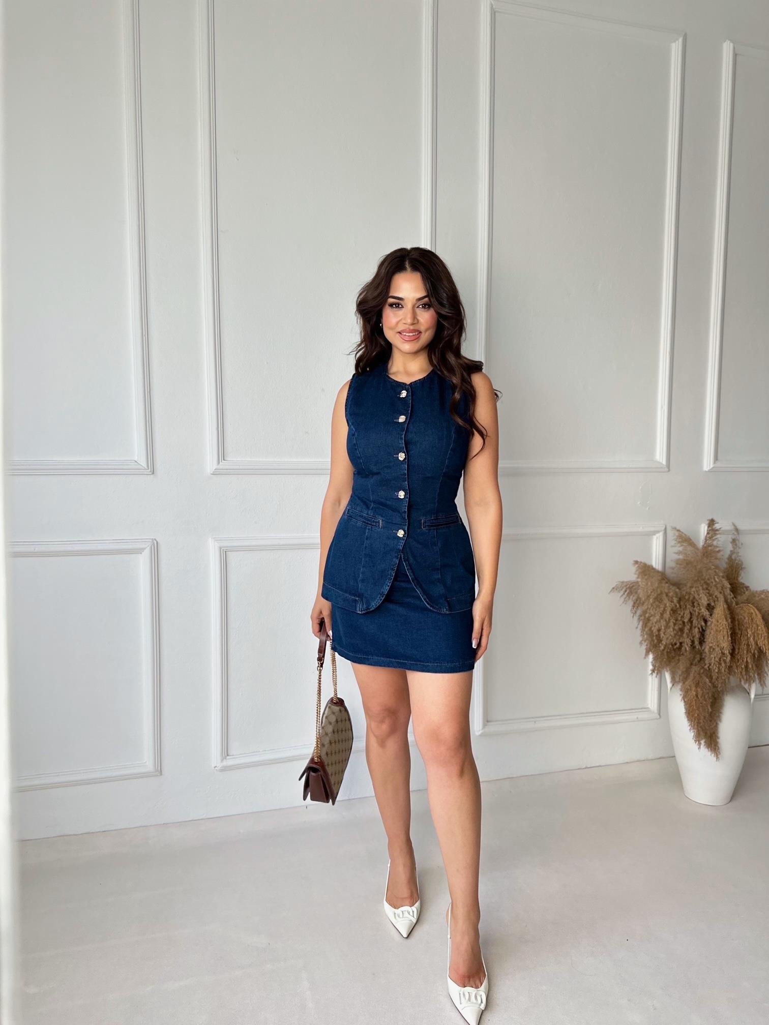 Premium Kalite Denim Yelek Etek Takım