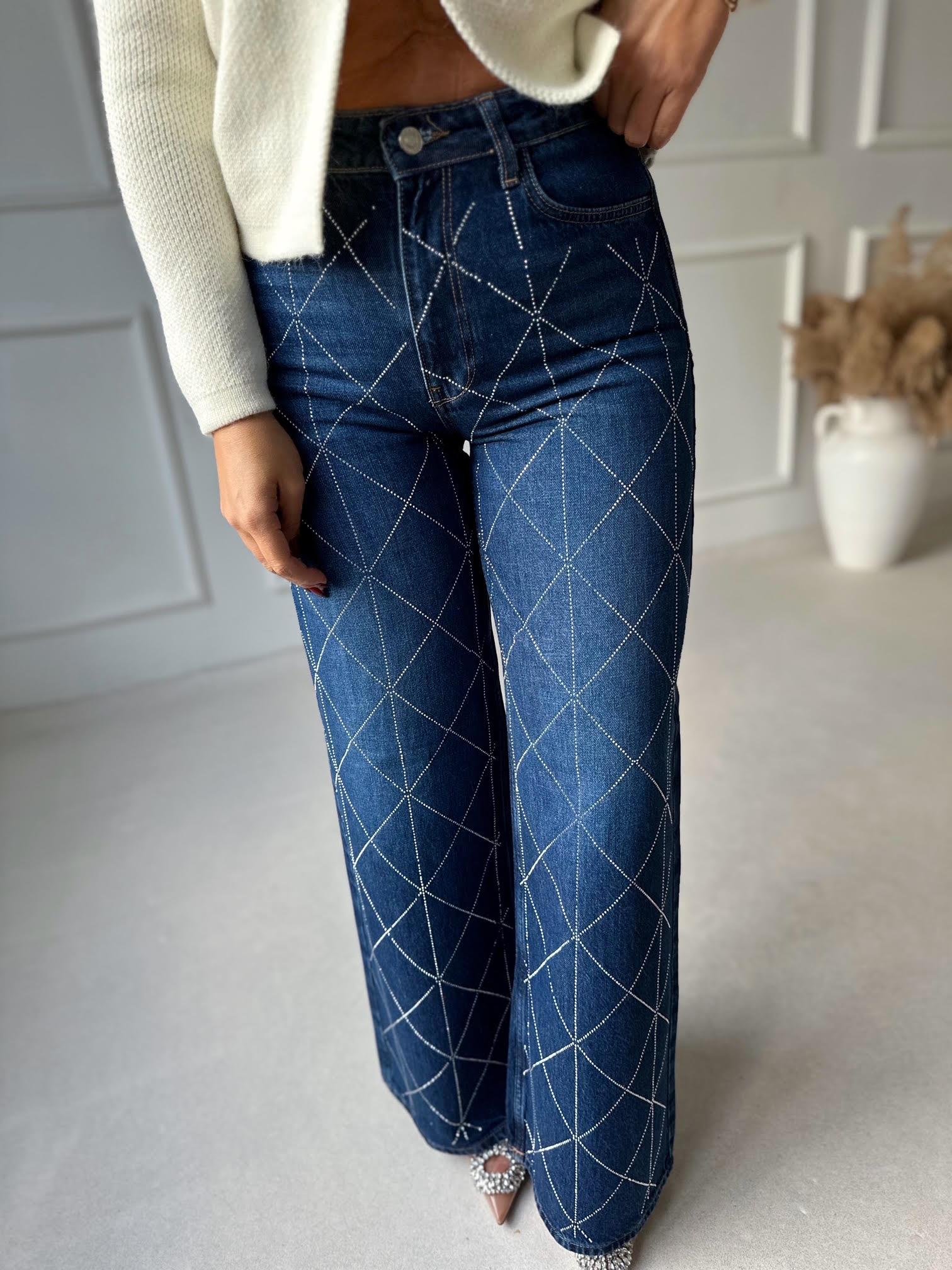 Premium Kalite Geometrik Taş İşlemeli Yüksek Bel Wide Leg Denim Pantolon