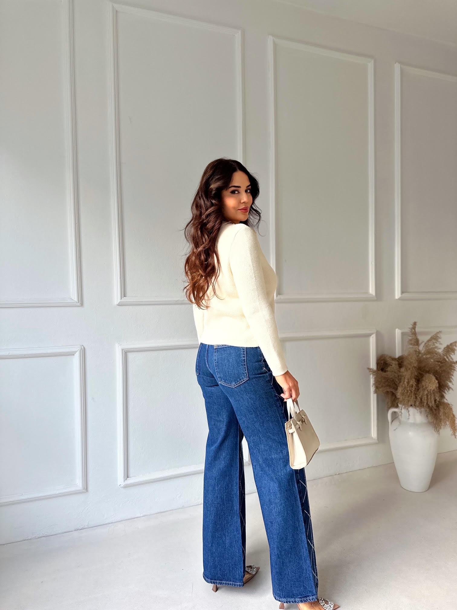 Premium Kalite Geometrik Taş İşlemeli Yüksek Bel Wide Leg Denim Pantolon