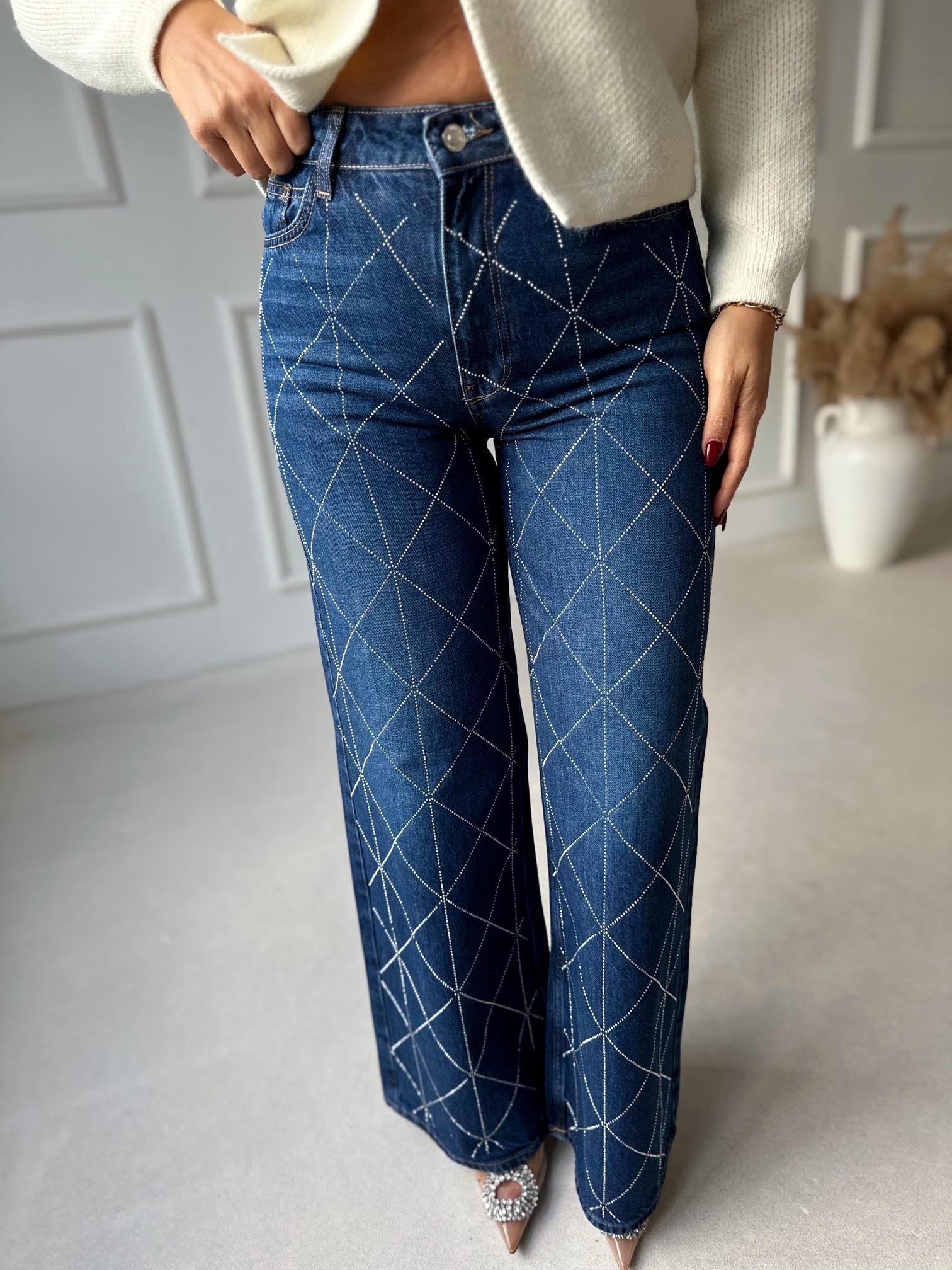 Premium Kalite Geometrik Taş İşlemeli Yüksek Bel Wide Leg Denim Pantolon