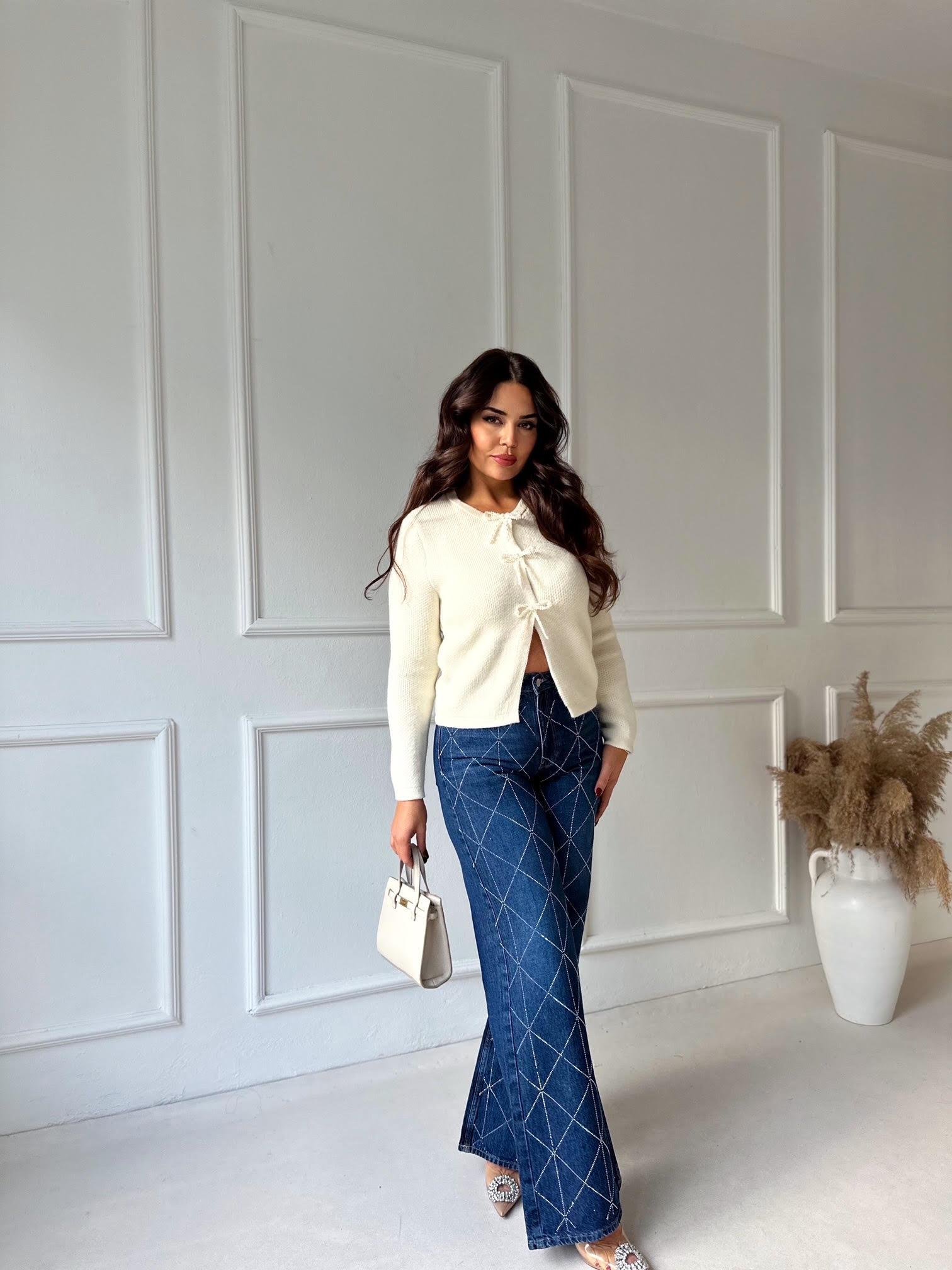 Premium Kalite Geometrik Taş İşlemeli Yüksek Bel Wide Leg Denim Pantolon