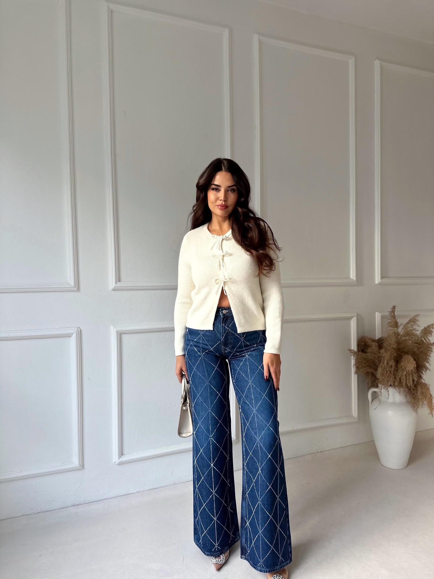 Premium Kalite Geometrik Taş İşlemeli Yüksek Bel Wide Leg Denim Pantolon