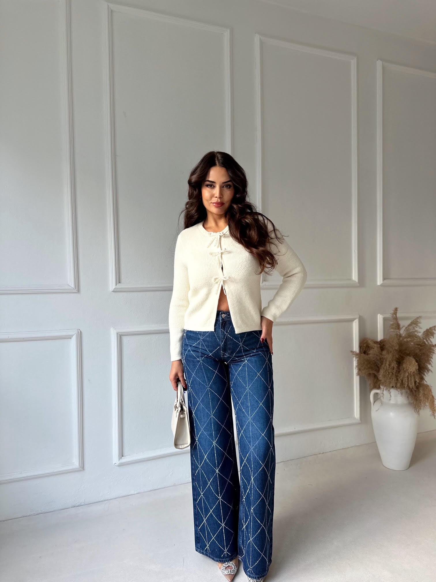 Premium Kalite Geometrik Taş İşlemeli Yüksek Bel Wide Leg Denim Pantolon