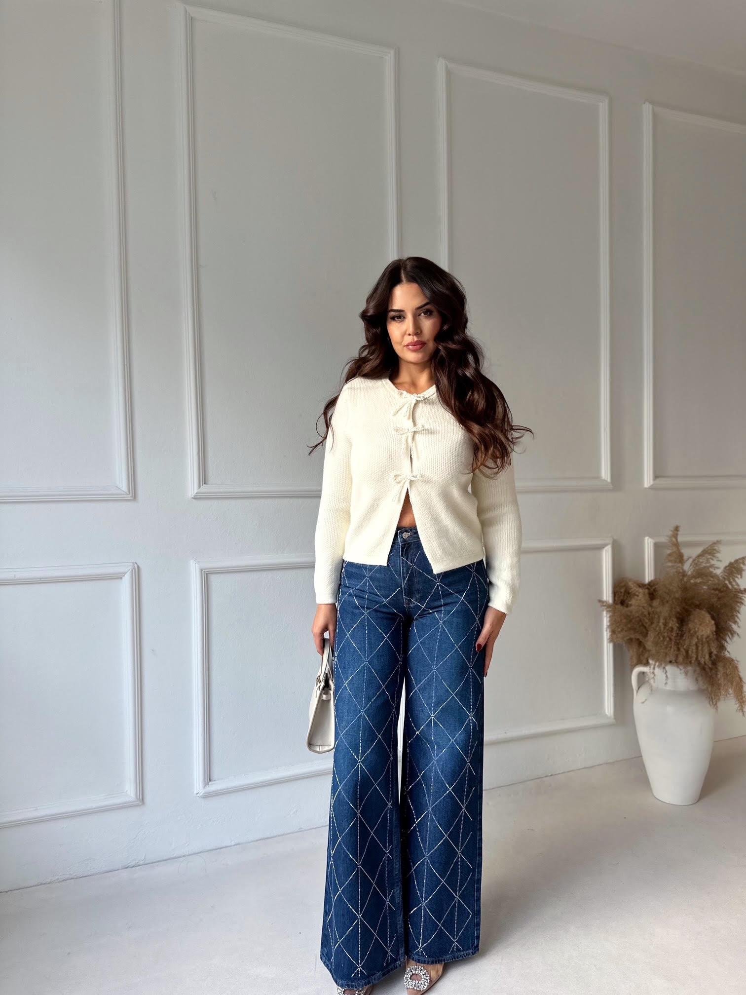 Premium Kalite Geometrik Taş İşlemeli Yüksek Bel Wide Leg Denim Pantolon