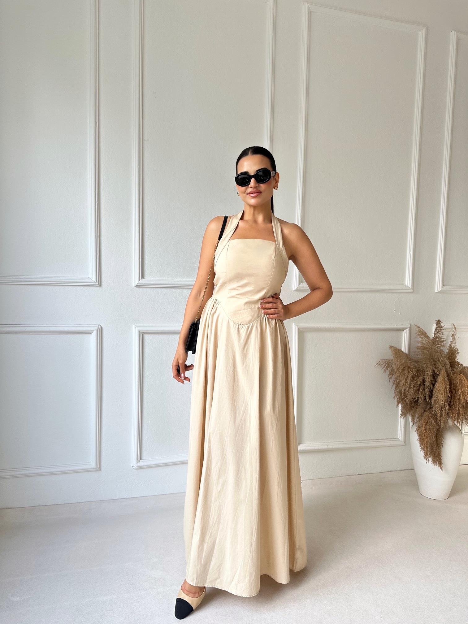 Premium Kalite Halter Yaka Maksi Elbise Butter Yellow