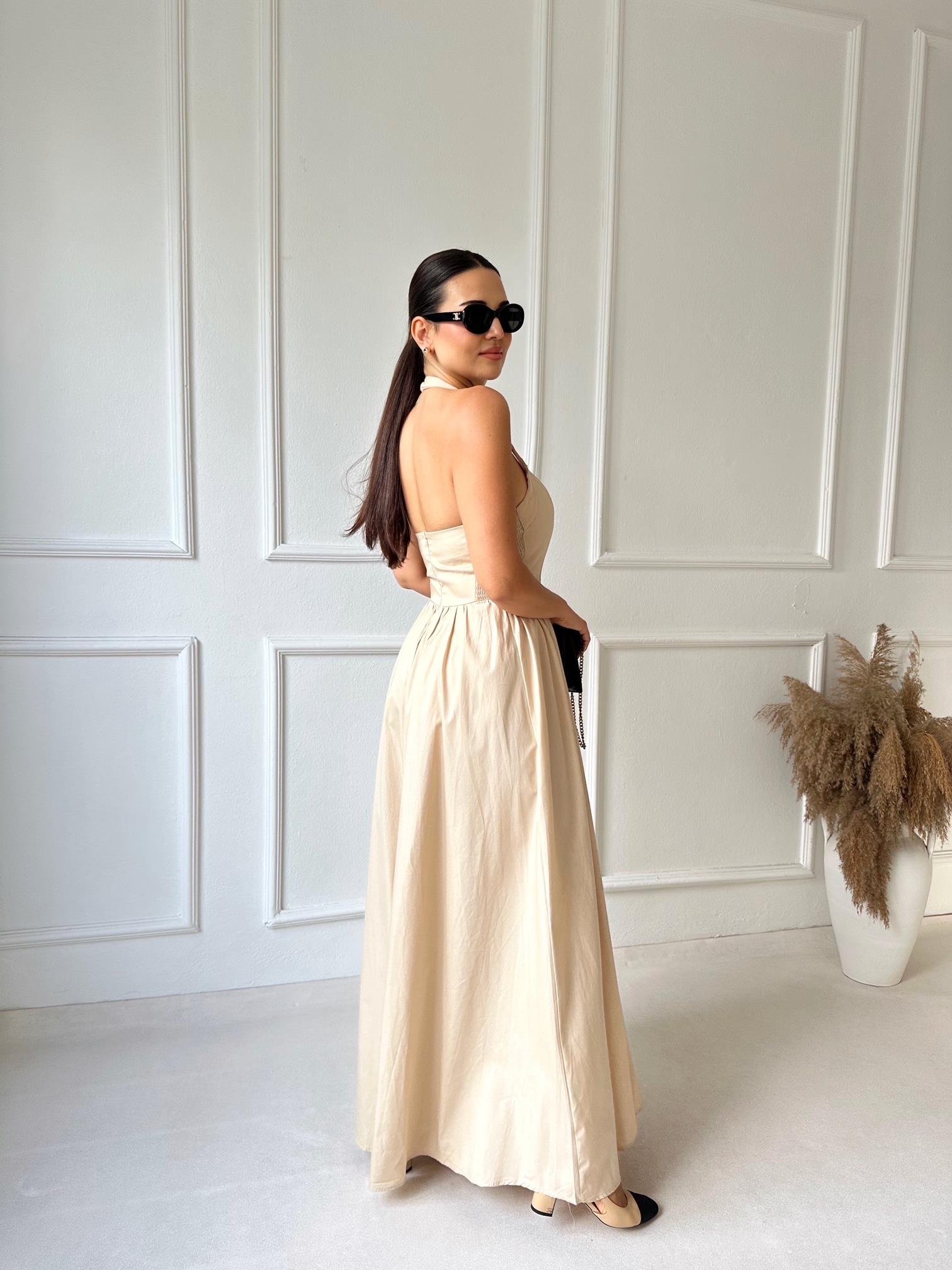 Premium Kalite Halter Yaka Maksi Elbise Butter Yellow