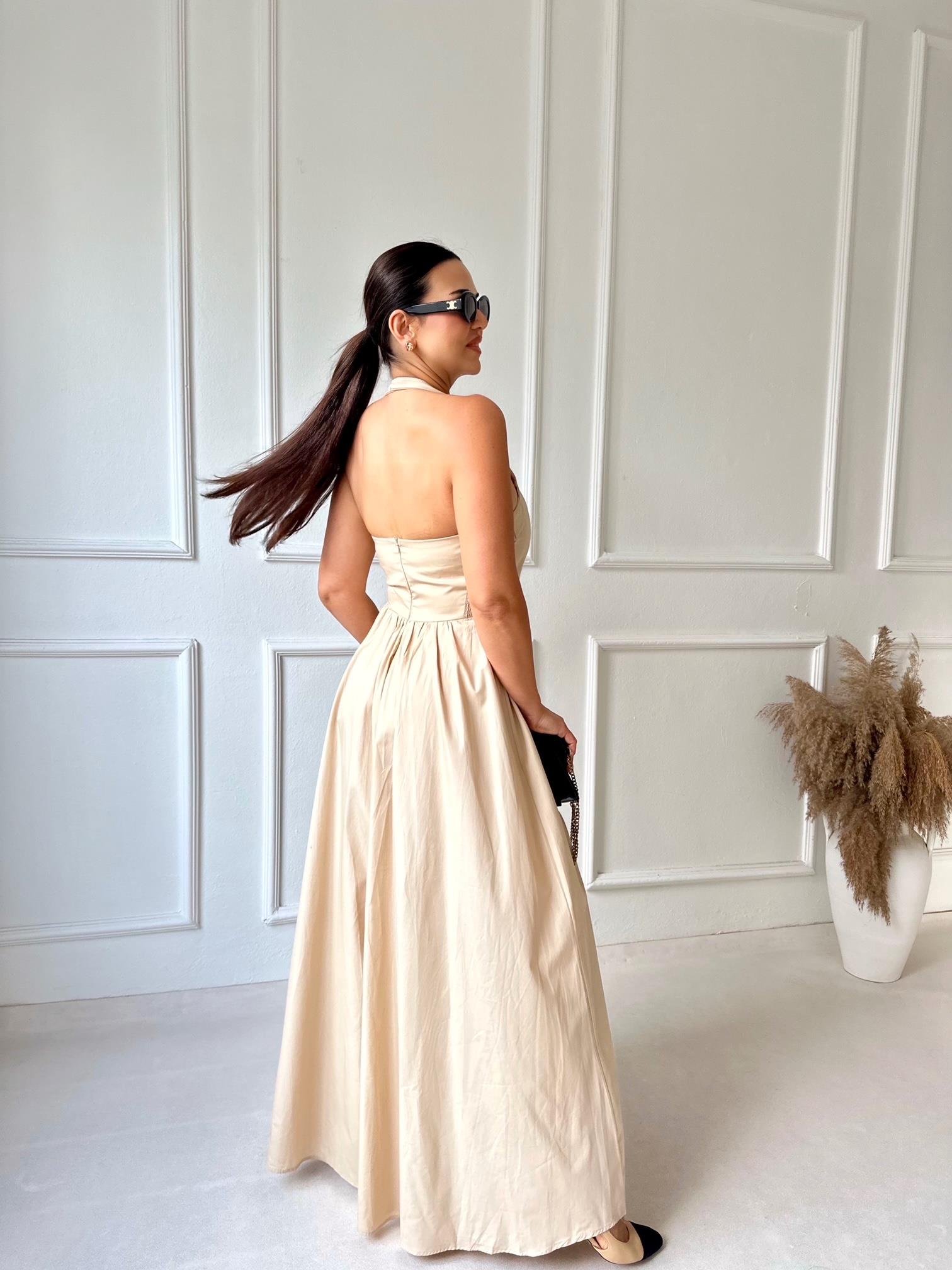 Premium Kalite Halter Yaka Maksi Elbise Butter Yellow