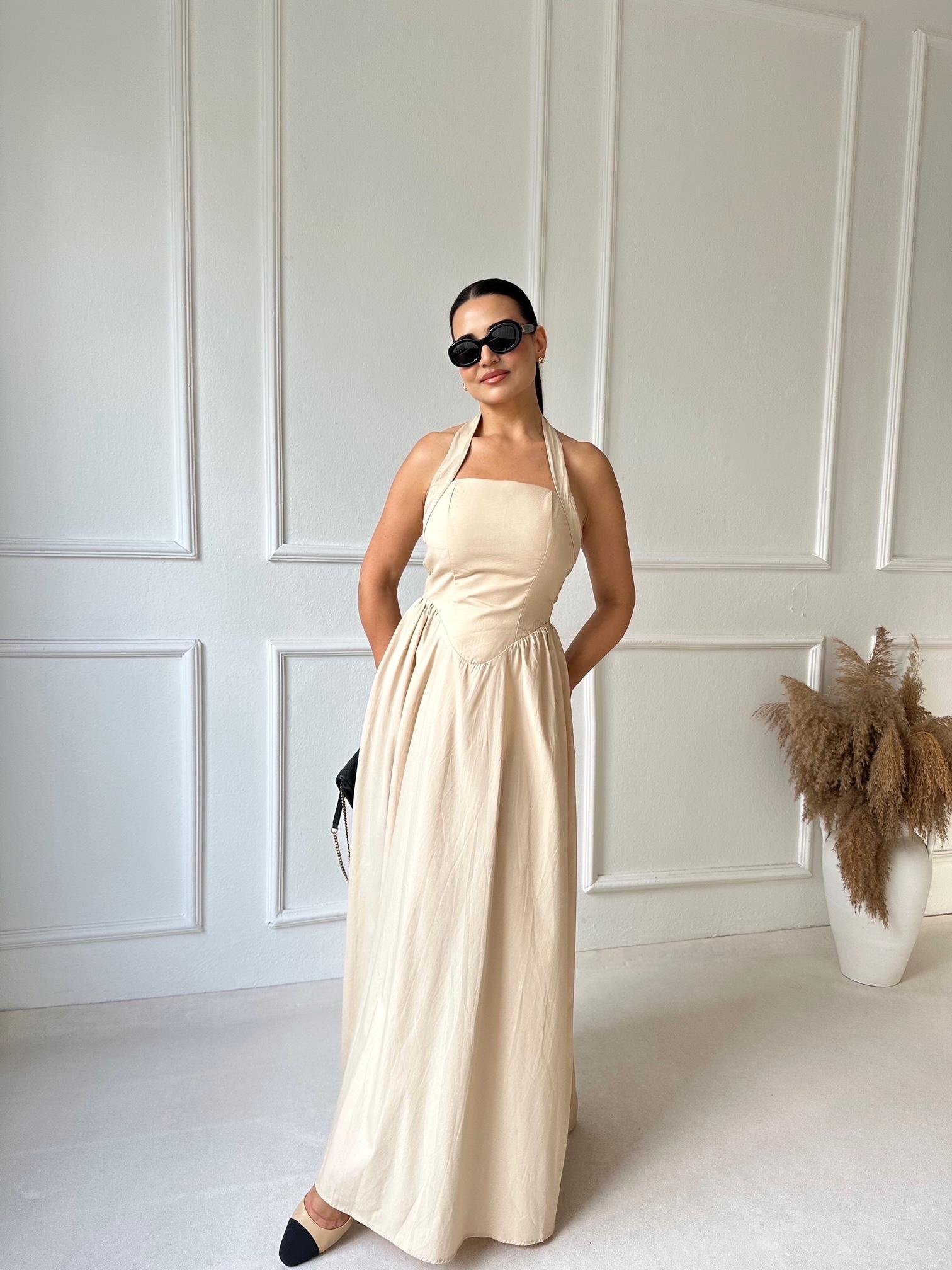 Premium Kalite Halter Yaka Maksi Elbise Butter Yellow