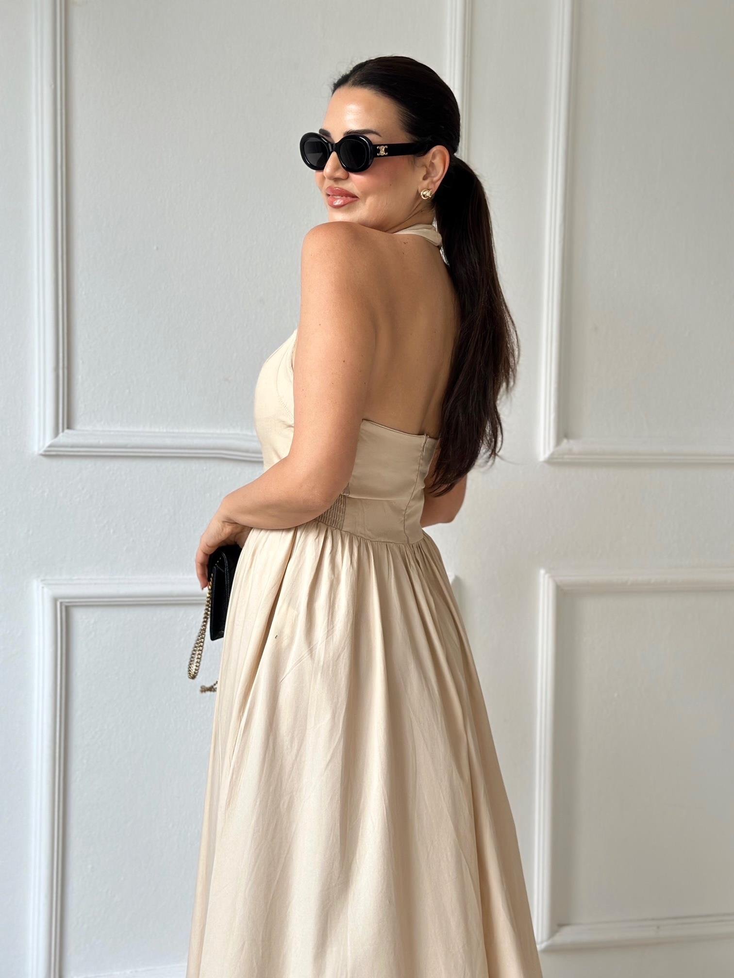 Premium Kalite Halter Yaka Maksi Elbise Butter Yellow