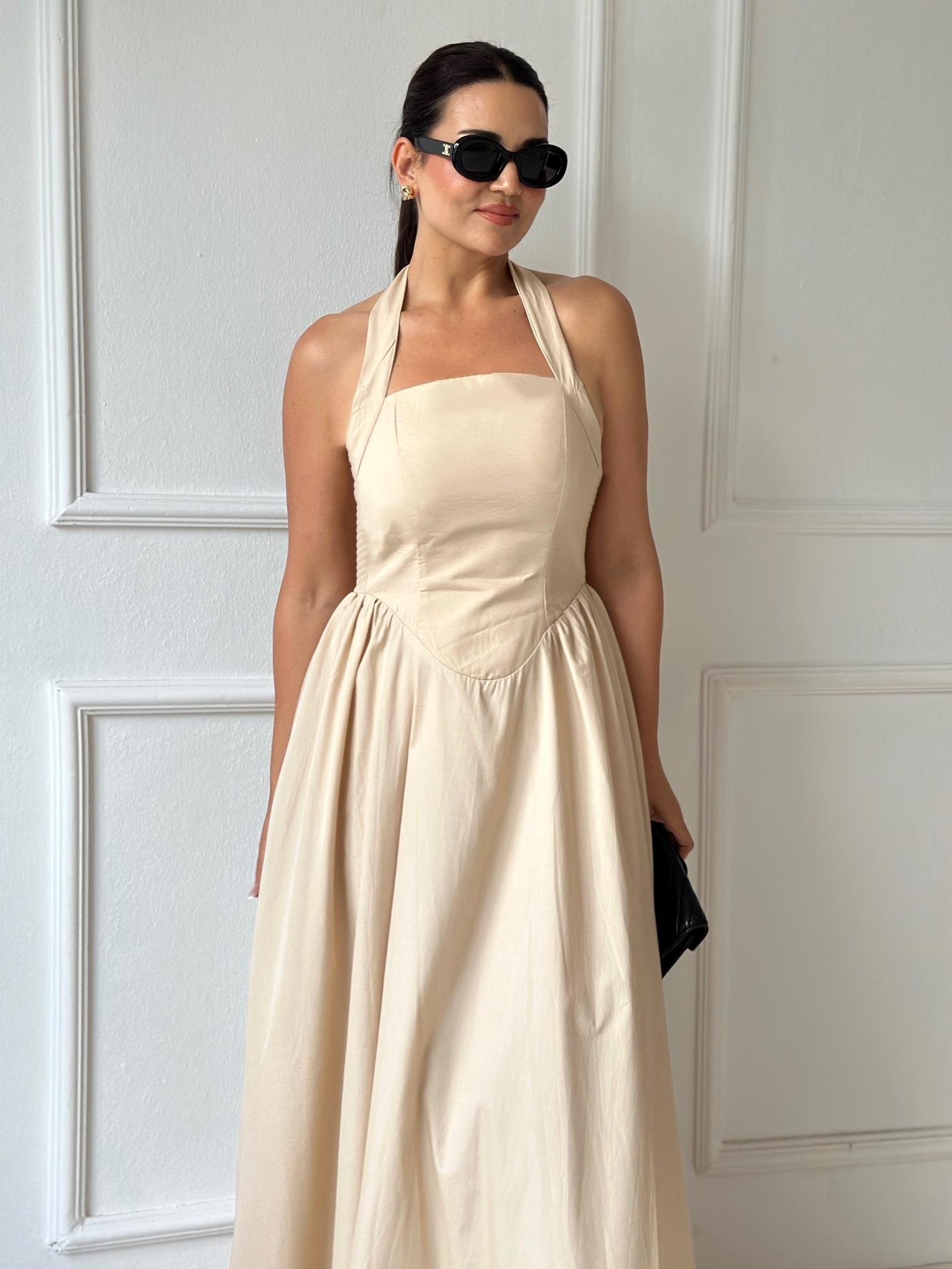 Premium Kalite Halter Yaka Maksi Elbise Butter Yellow